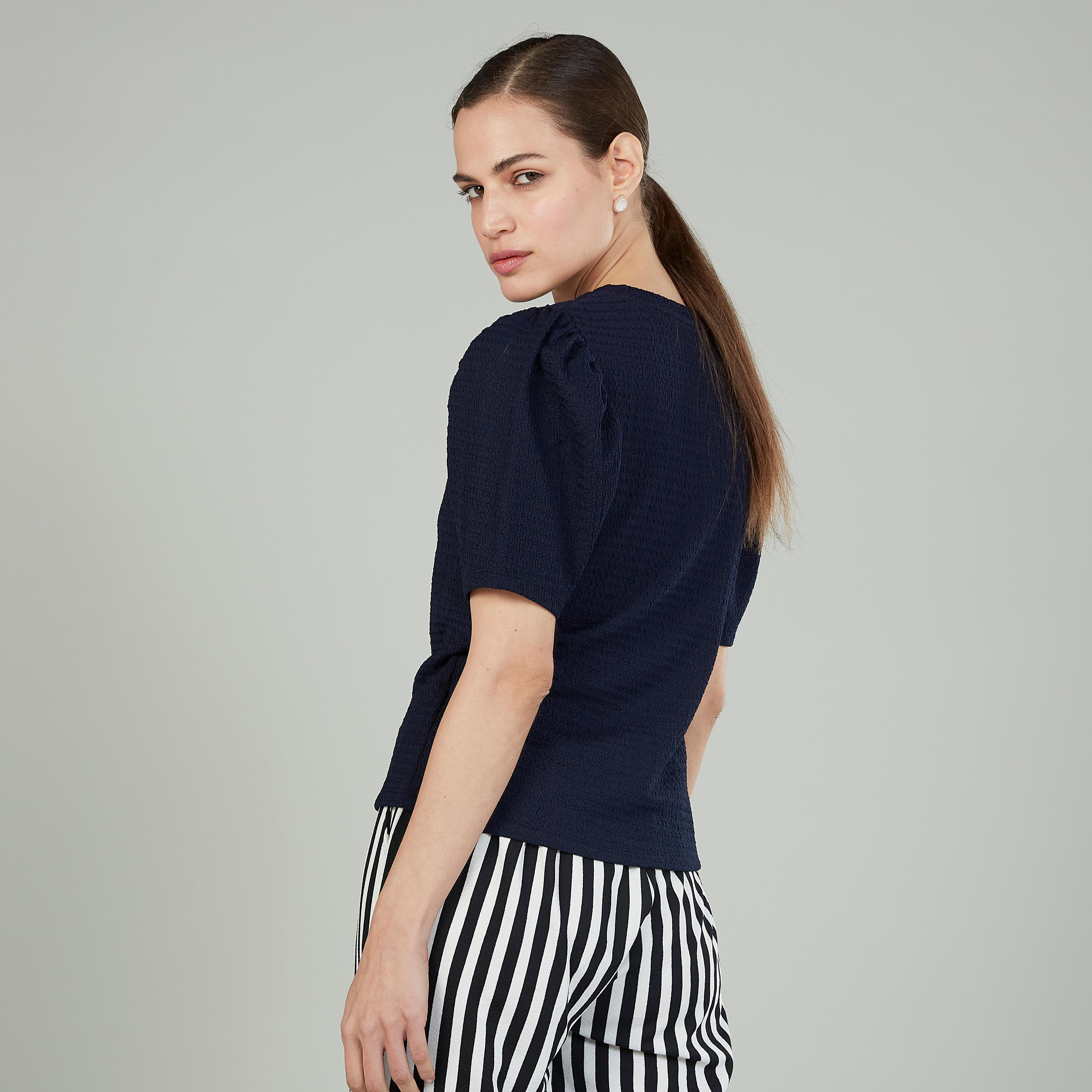 Textured Top with Round Neck and Short Sleeves-women-clothing-shirtsandblouses-blouses-image-4