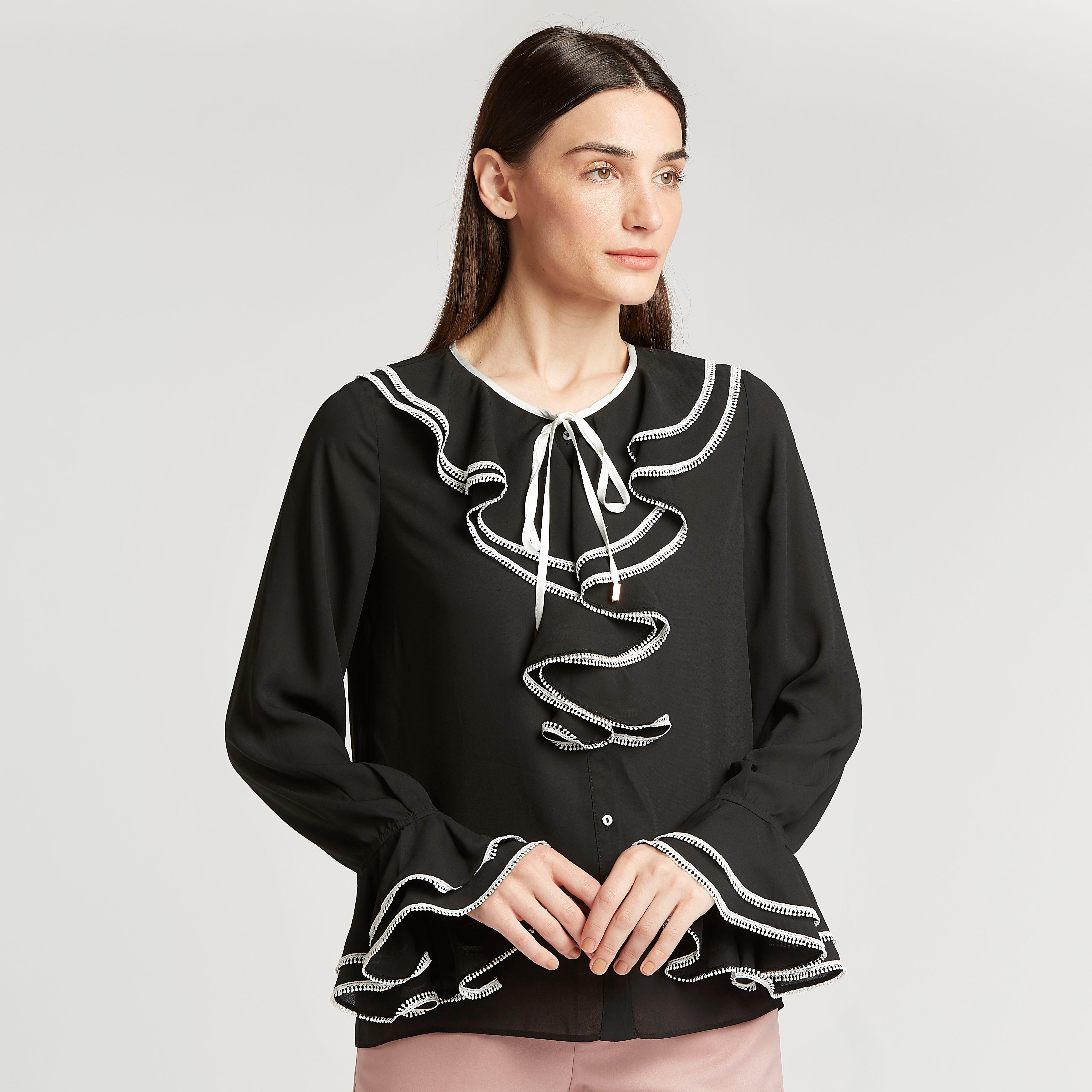 Plain Top with Flounce Sleeves and Frill Detail-women-clothing-shirtsandblouses-blouses-image-1