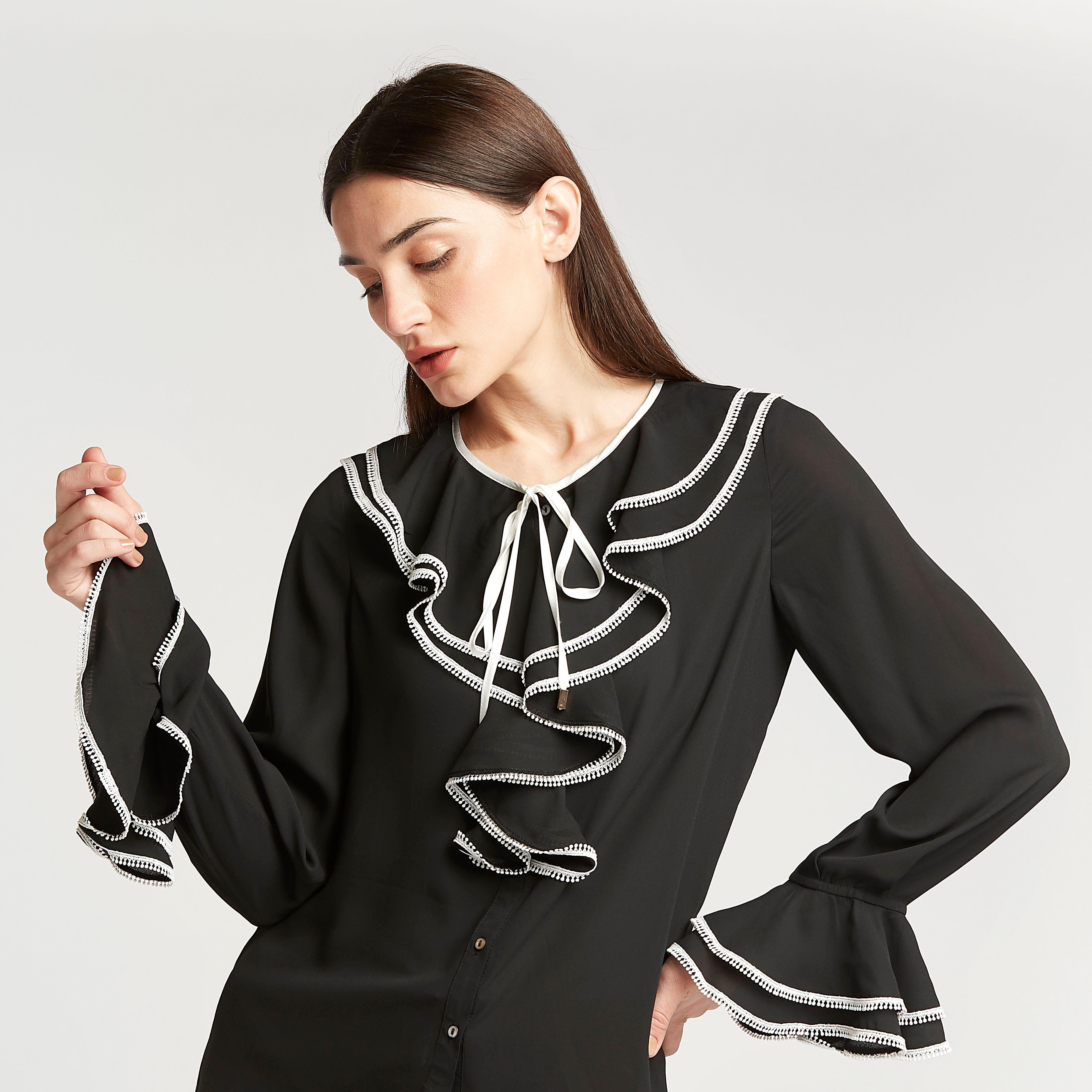Plain Top with Flounce Sleeves and Frill Detail-women-clothing-shirtsandblouses-blouses-image-3