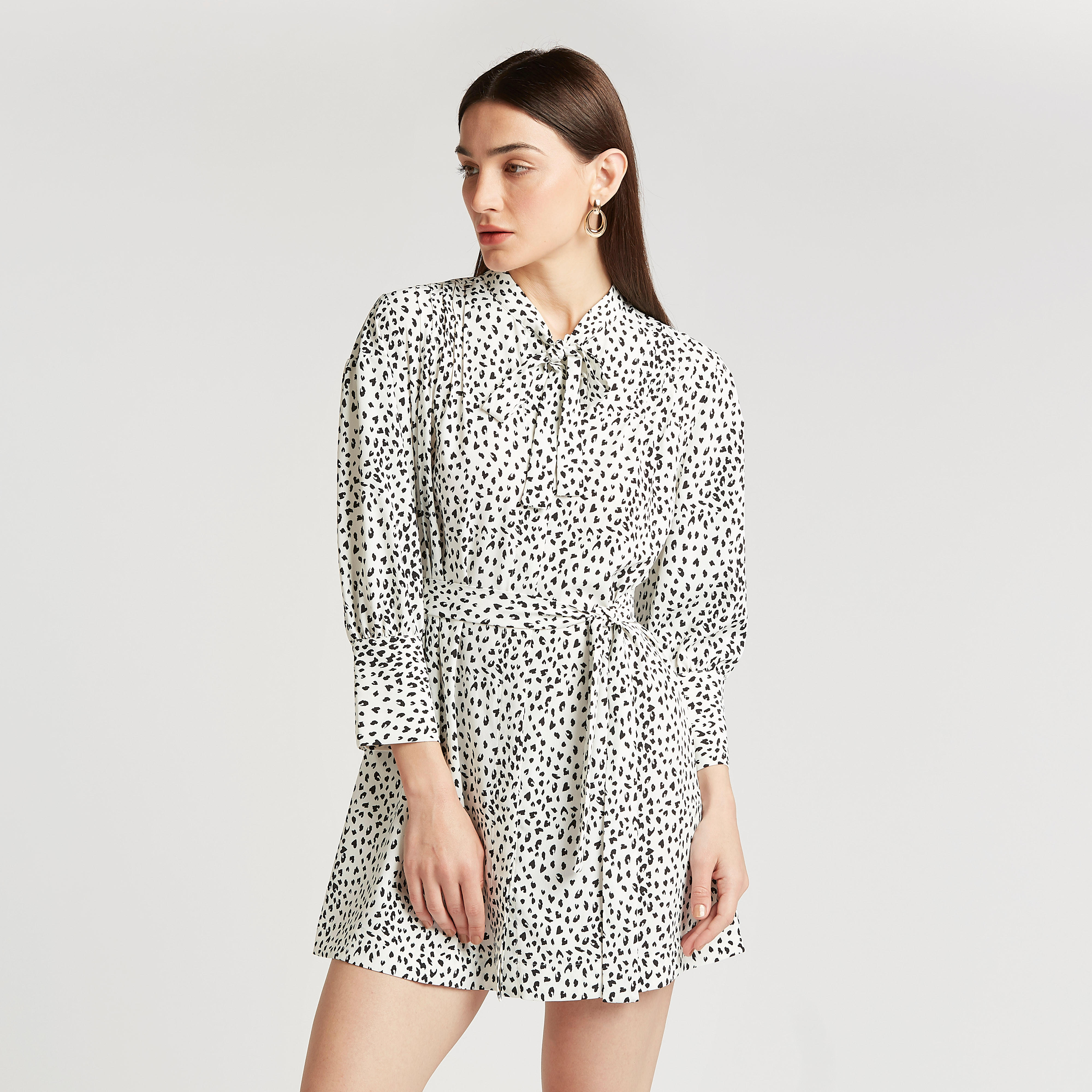 Printed Mini Shift Dress with Long Sleeves and Necktie-women-clothing-dresses-image-1
