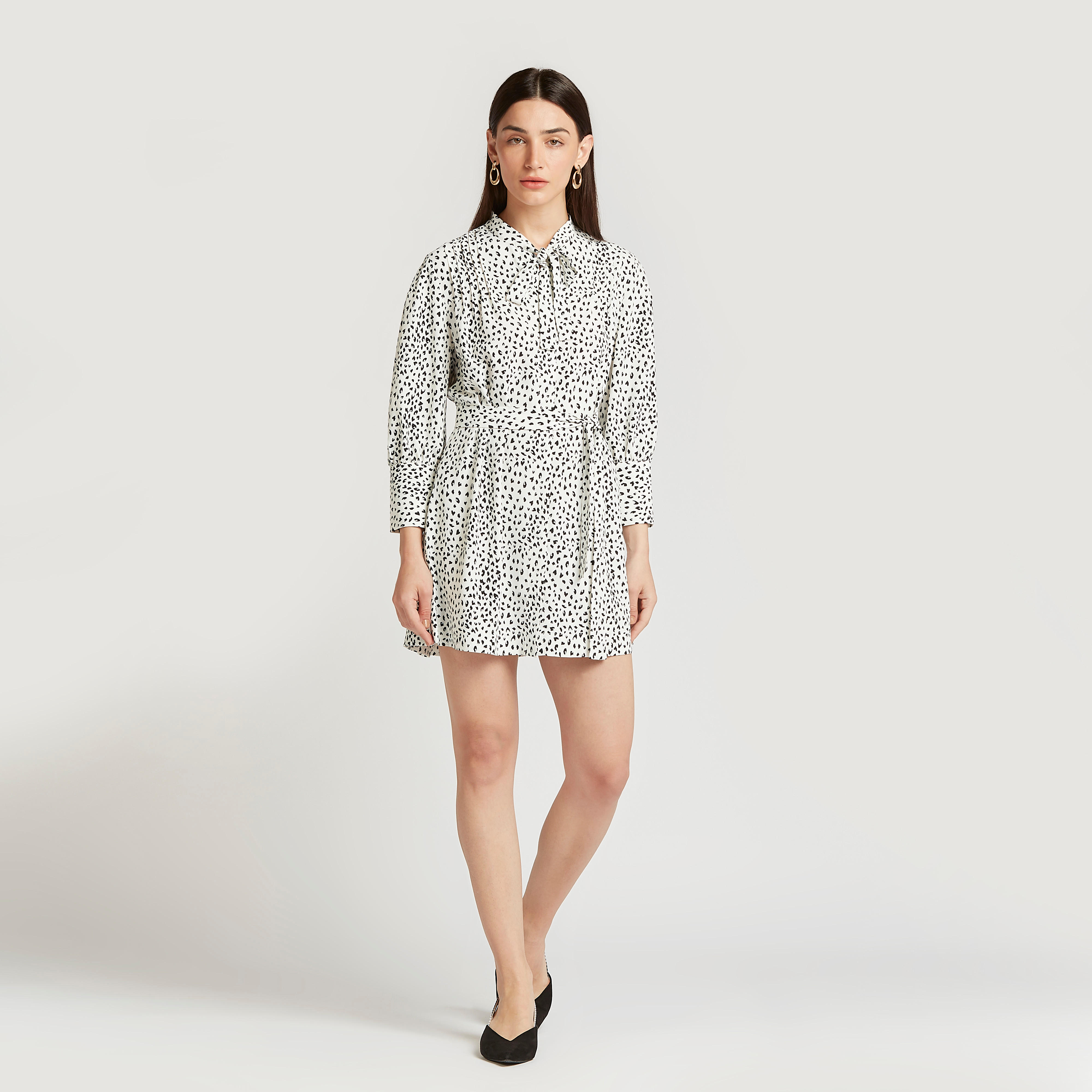 Printed Mini Shift Dress with Long Sleeves and Necktie-women-clothing-dresses-image-2