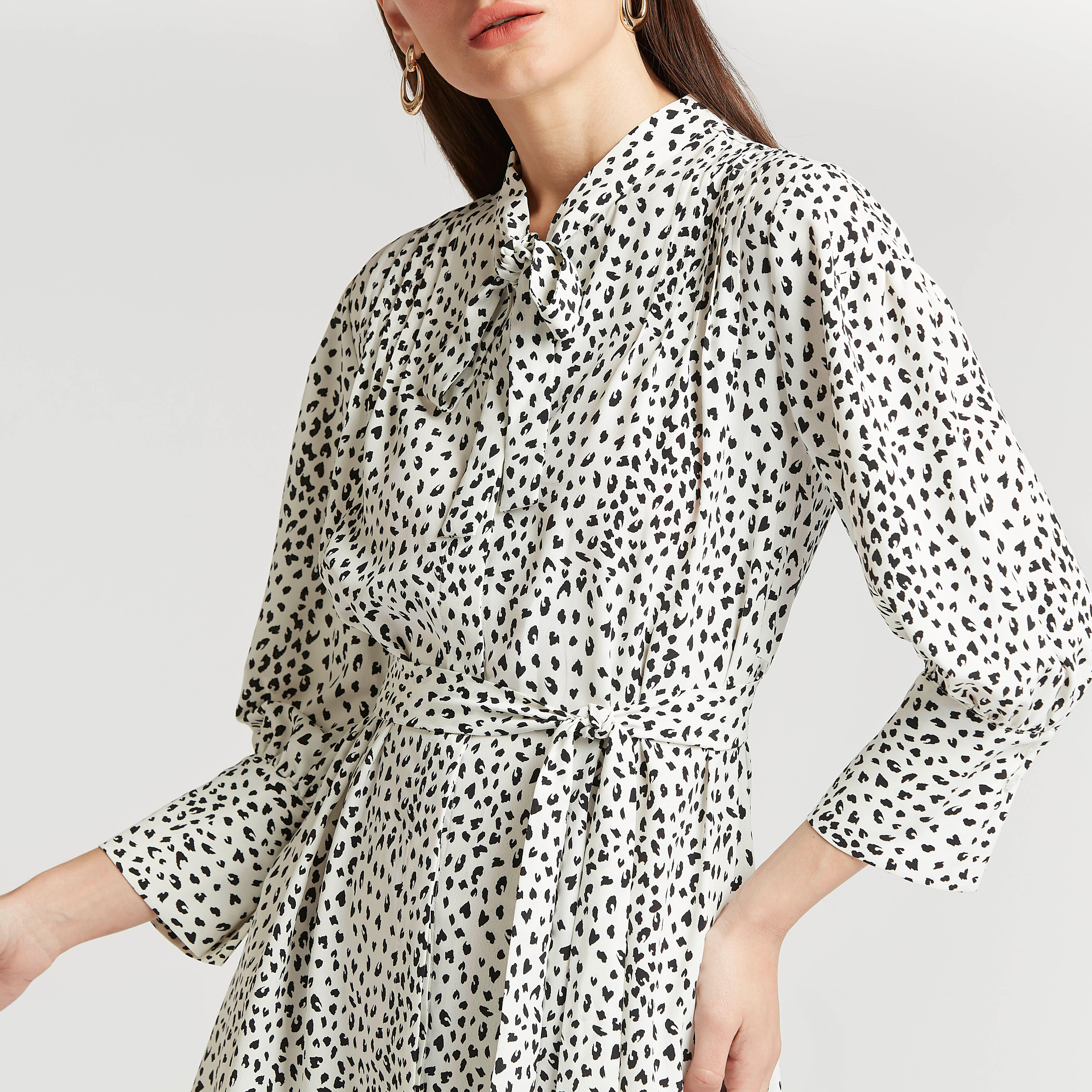 Printed Mini Shift Dress with Long Sleeves and Necktie-women-clothing-dresses-image-3