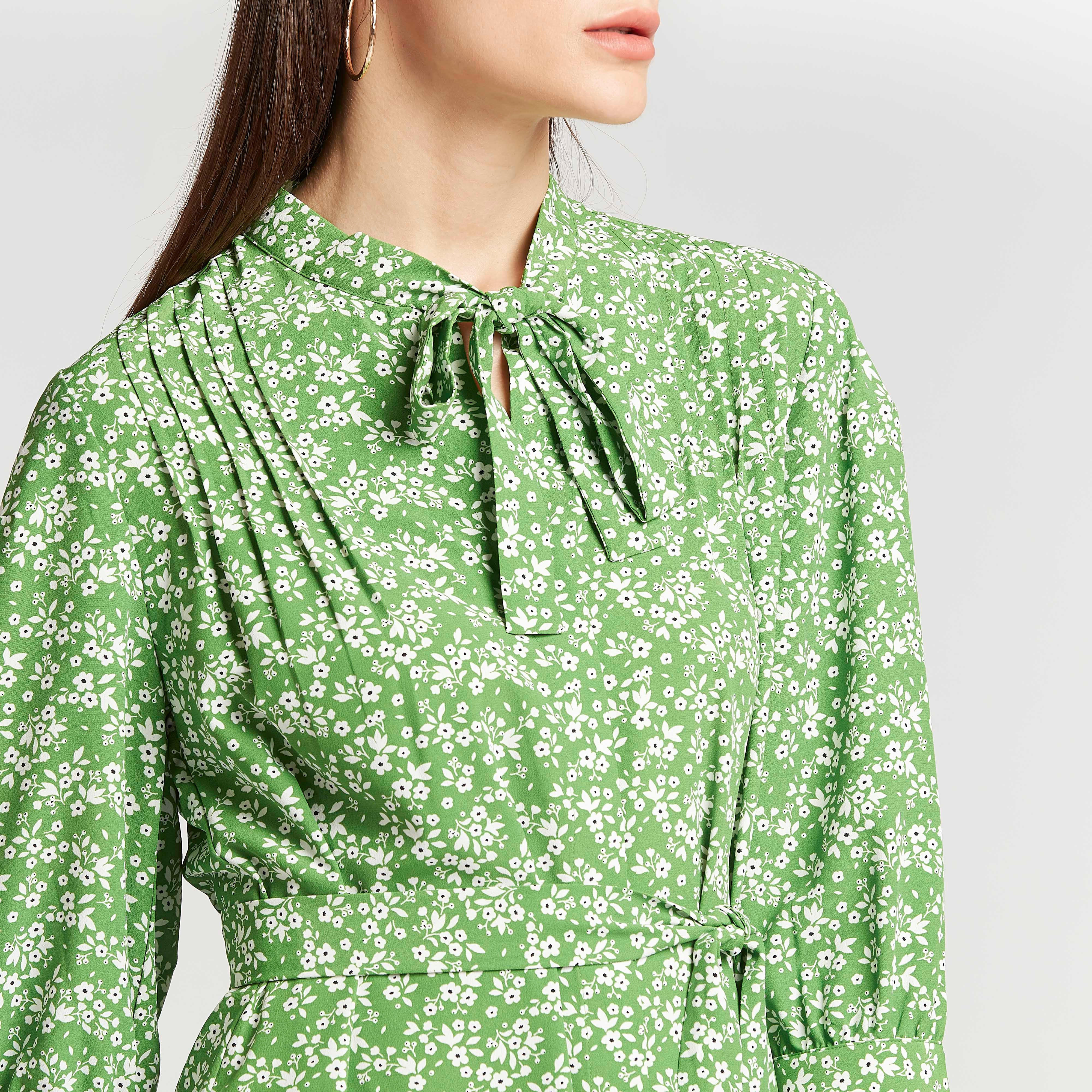 فستان قصير واسع بأكمام طويلة وربطة عنق وطبعات أزهار-women-clothing-dresses-image-3