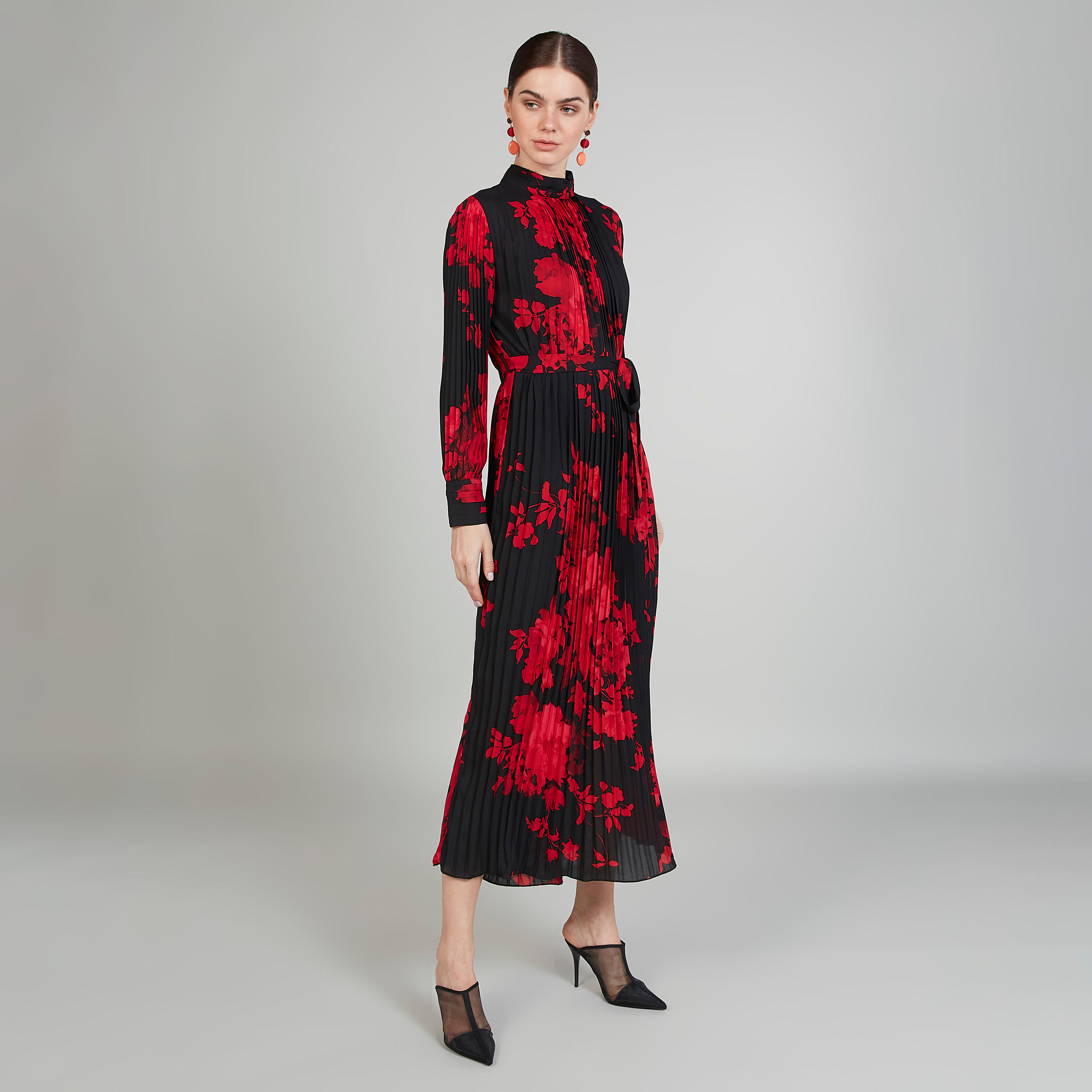 Printed Midi A-line Dress with High Neck and Long Sleeves-women-clothing-dresses-image-1