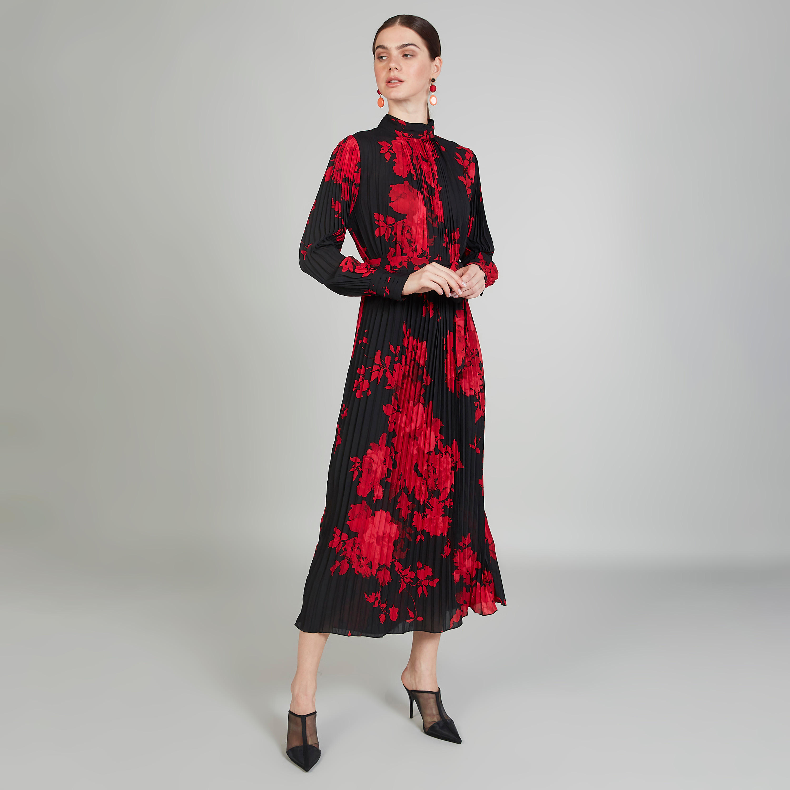 Printed Midi A-line Dress with High Neck and Long Sleeves-women-clothing-dresses-image-2