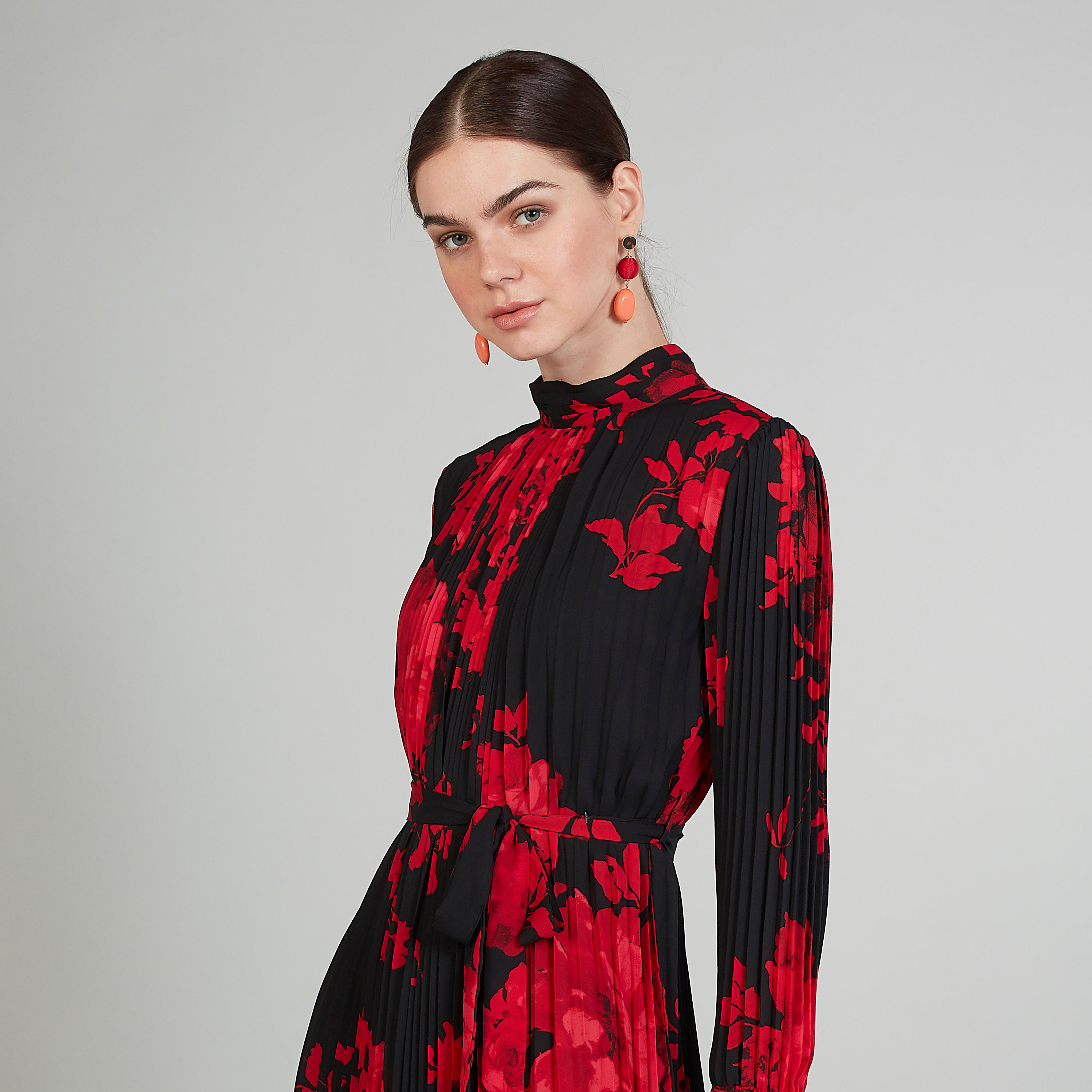Printed Midi A-line Dress with High Neck and Long Sleeves-women-clothing-dresses-image-3