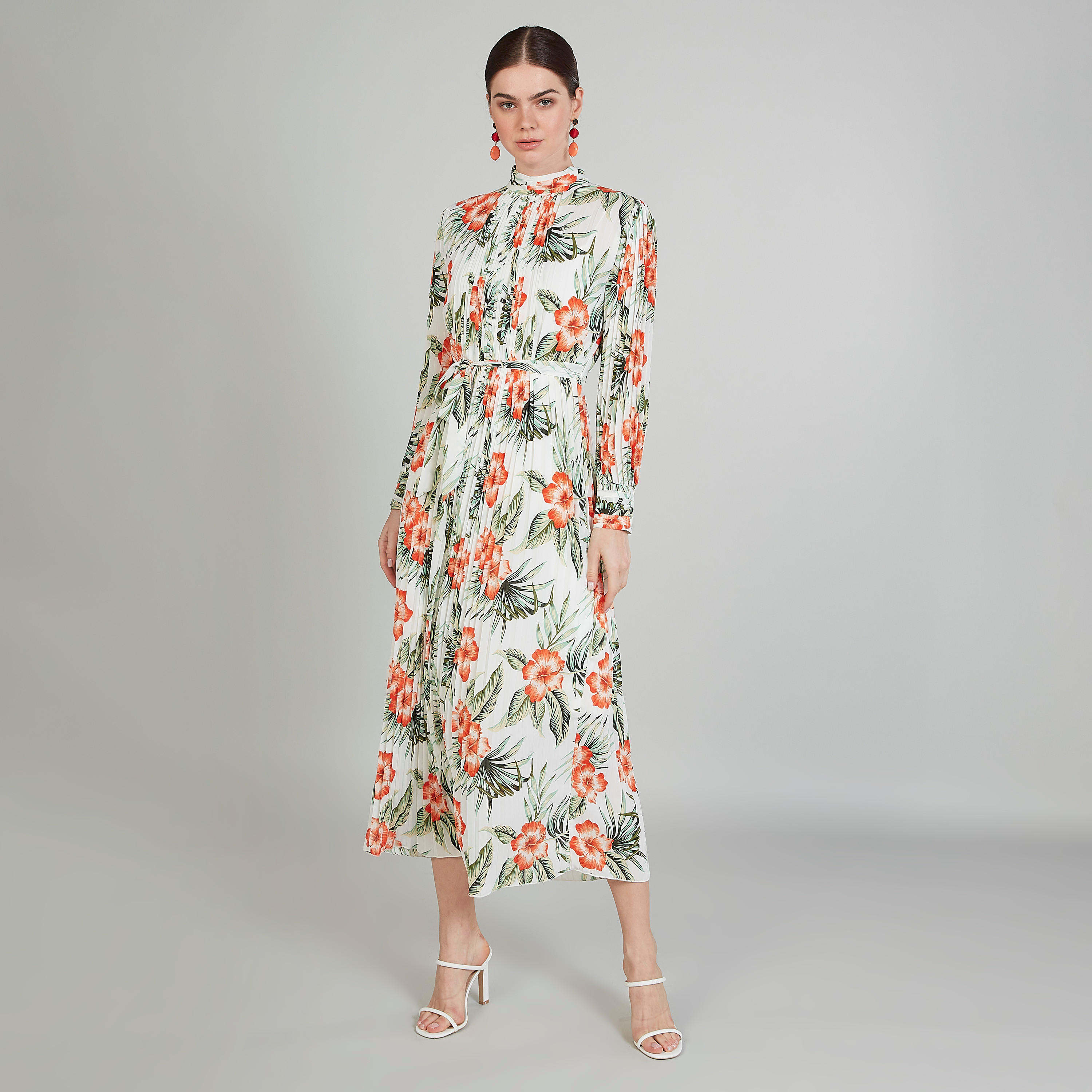فستان إيه لاين ميدي بياقة مستديرة وأكمام طويلة وطبعات أزهار-women-clothing-dresses-image-1