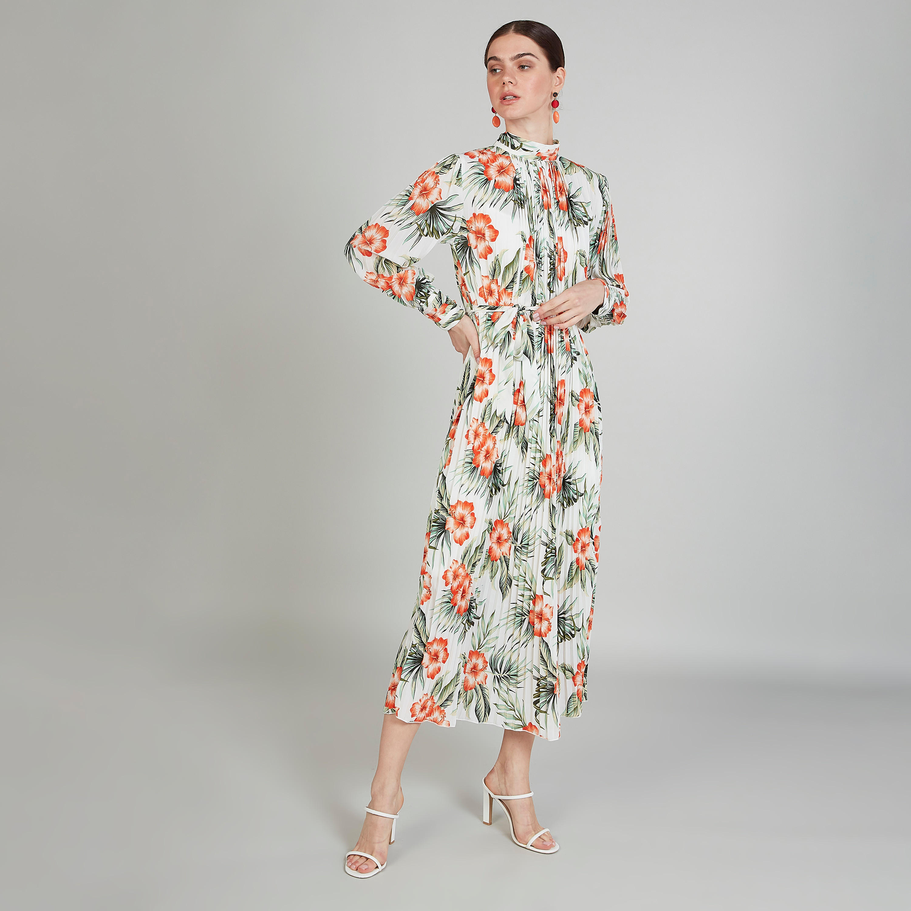 فستان إيه لاين ميدي بياقة مستديرة وأكمام طويلة وطبعات أزهار-women-clothing-dresses-image-2