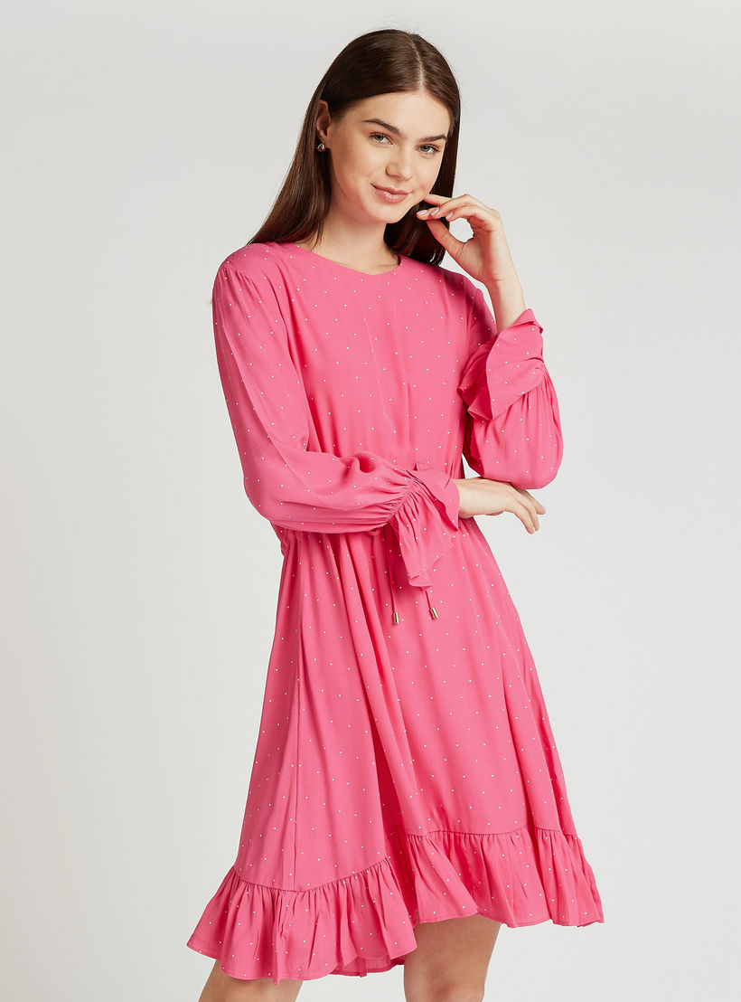 فستان قصير بطبعات منقّطة وأكمام واسعة وأربطة-women-clothing-dresses-image-1