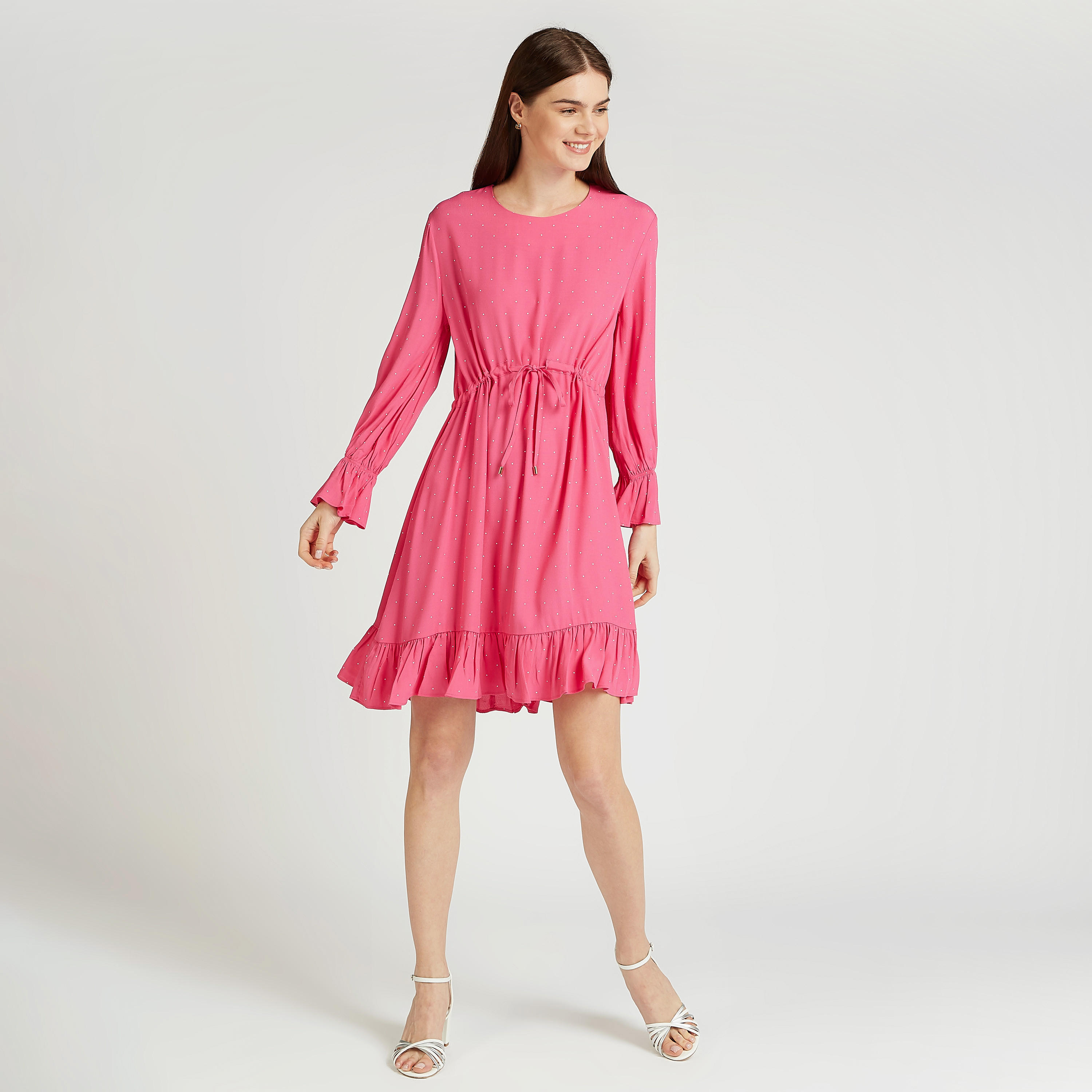 فستان قصير بطبعات منقّطة وأكمام واسعة وأربطة-women-clothing-dresses-image-2