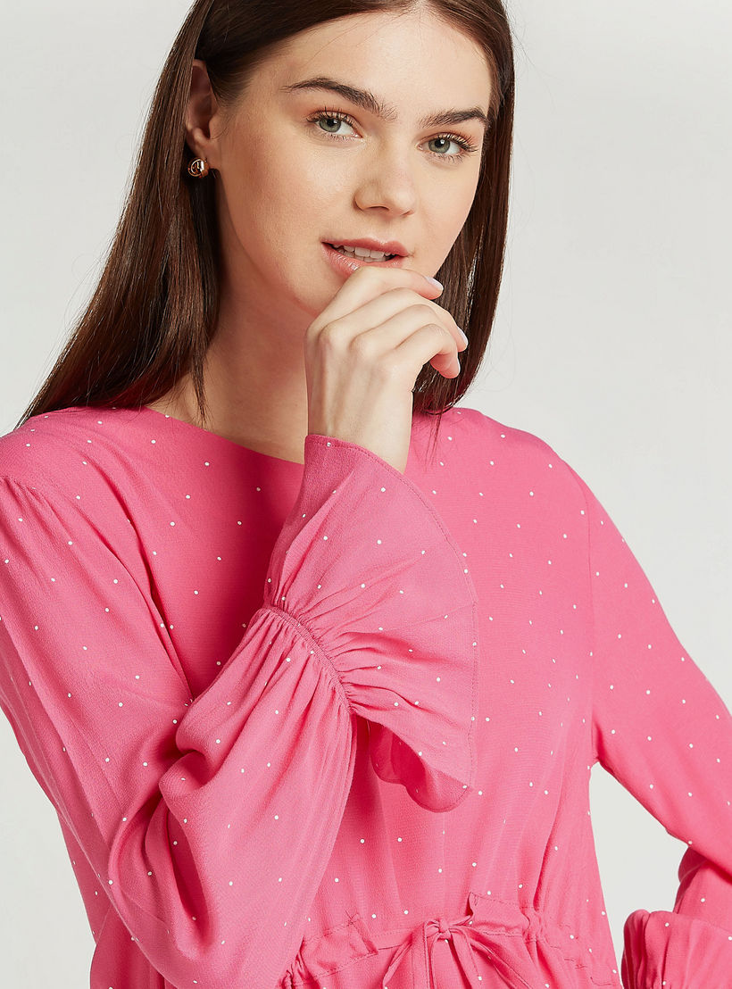 فستان قصير بطبعات منقّطة وأكمام واسعة وأربطة-women-clothing-dresses-image-3