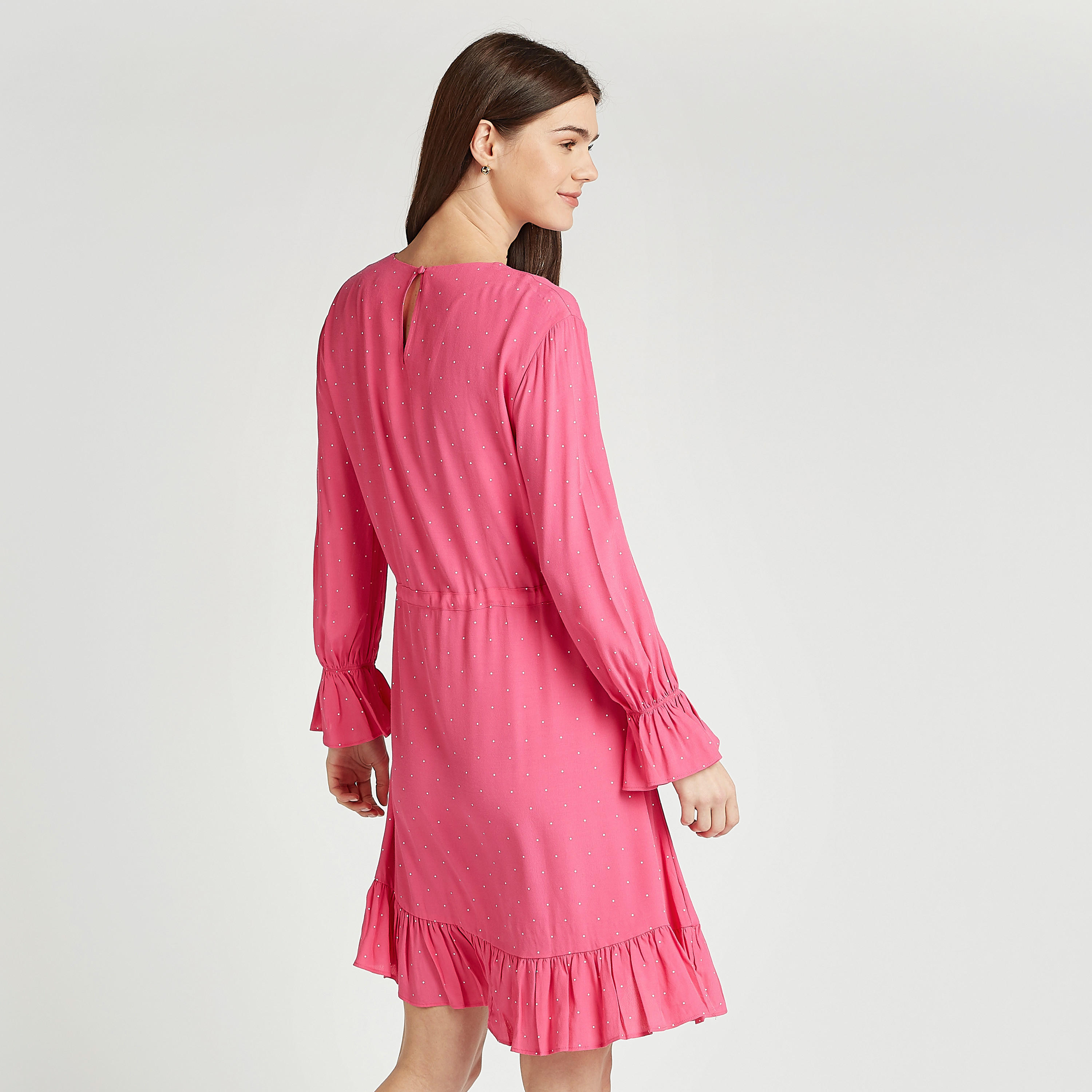 فستان قصير بطبعات منقّطة وأكمام واسعة وأربطة-women-clothing-dresses-image-4