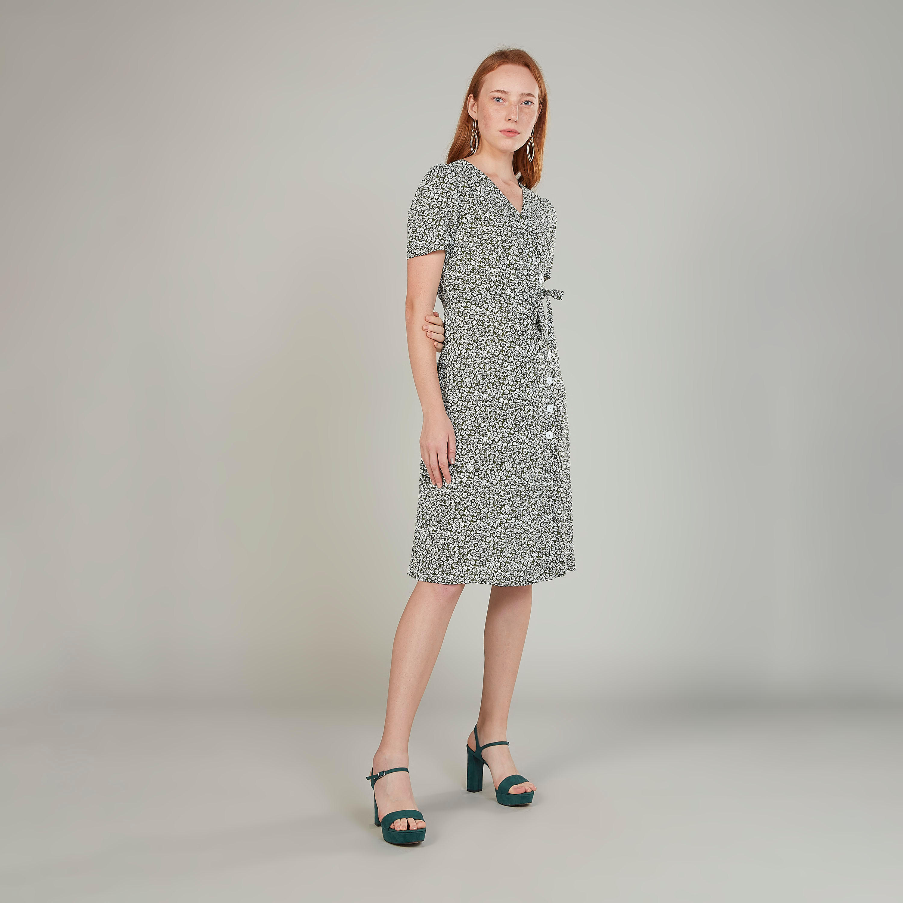 فستان ميدي ايه لاين بياقة V وأكمام قصيرة وطبعات-women-clothing-dresses-image-1