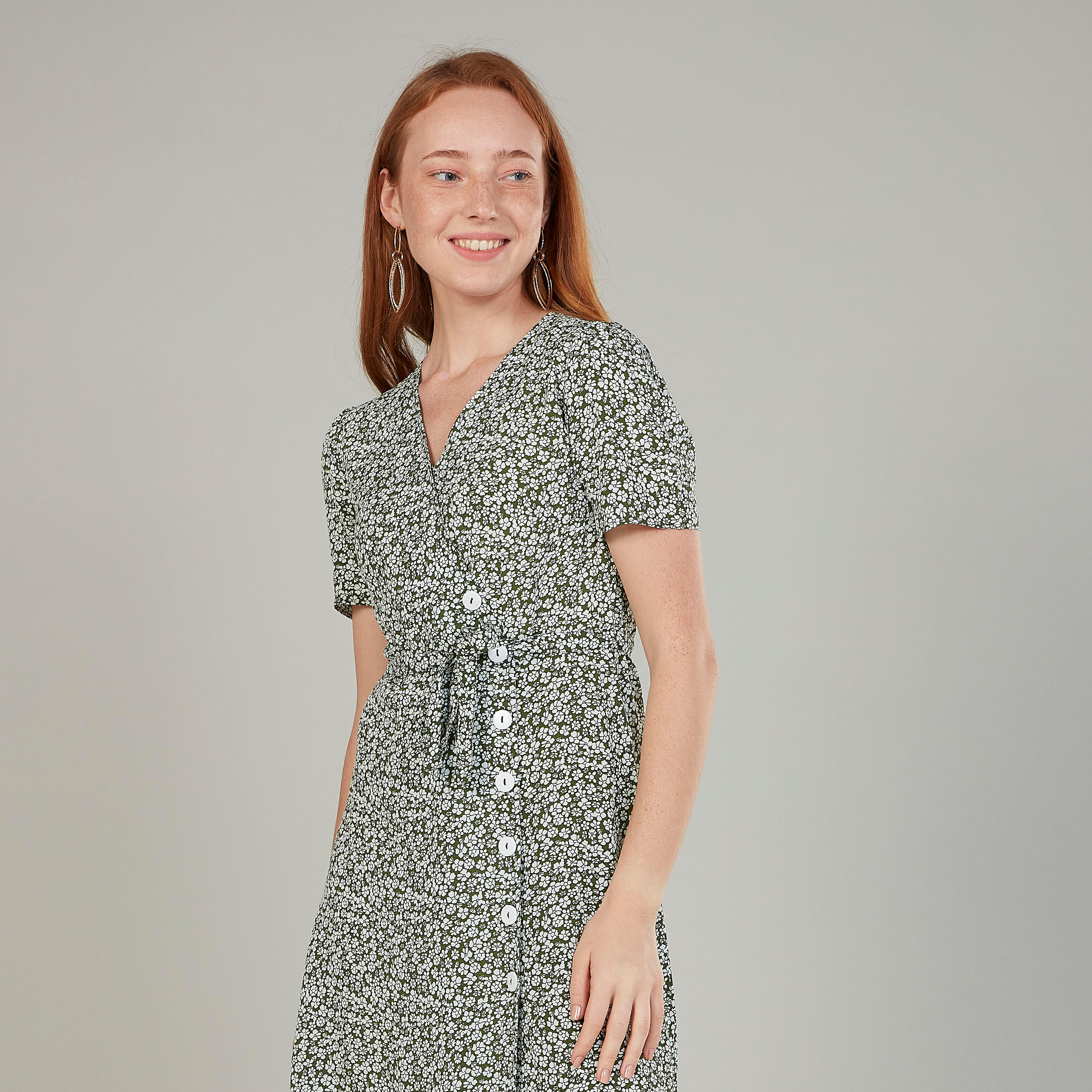 فستان ميدي ايه لاين بياقة V وأكمام قصيرة وطبعات-women-clothing-dresses-image-3