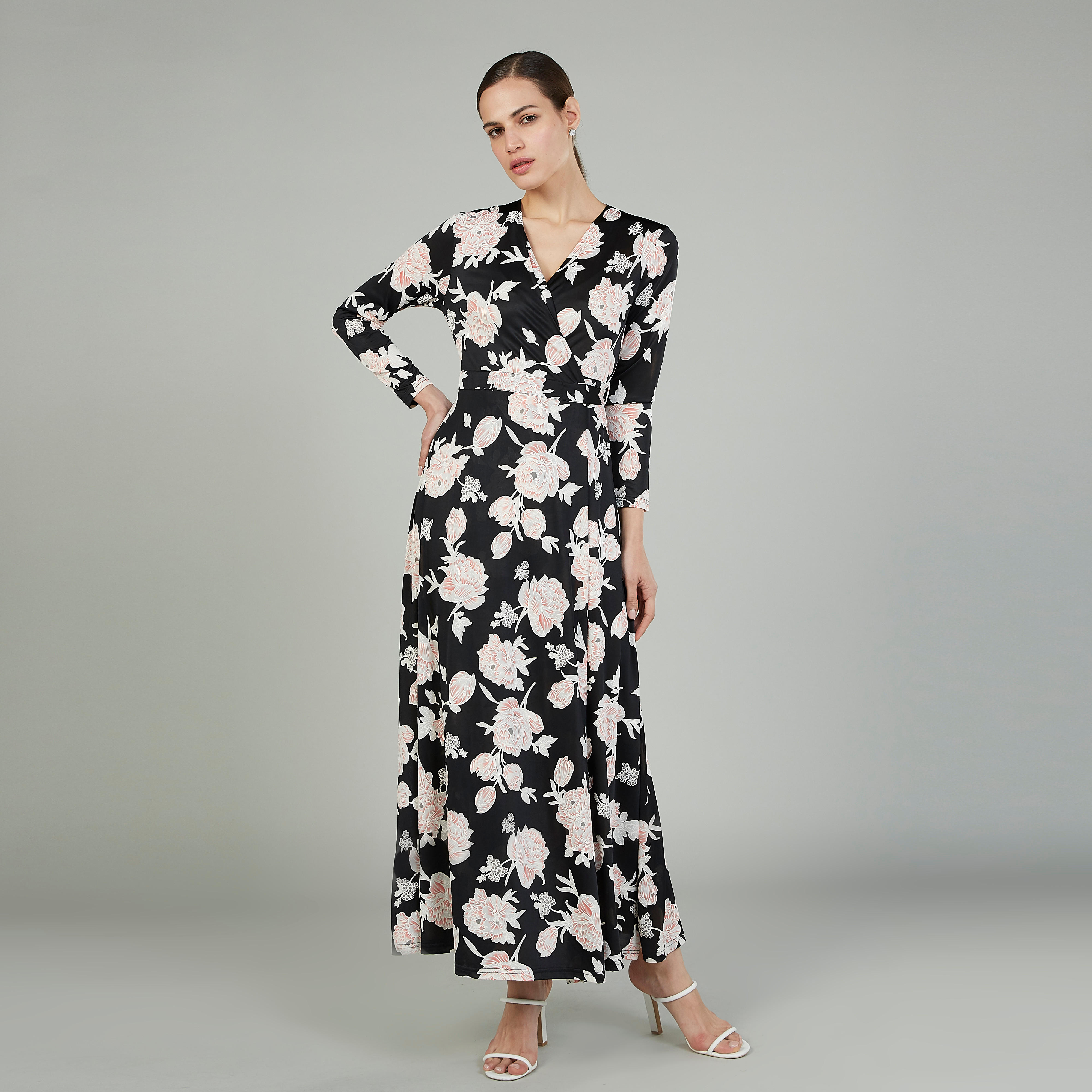 فستان طويل إيه لاين بياقة V وأكمام 3/4 و طبعات أزهار-women-clothing-dresses-image-1
