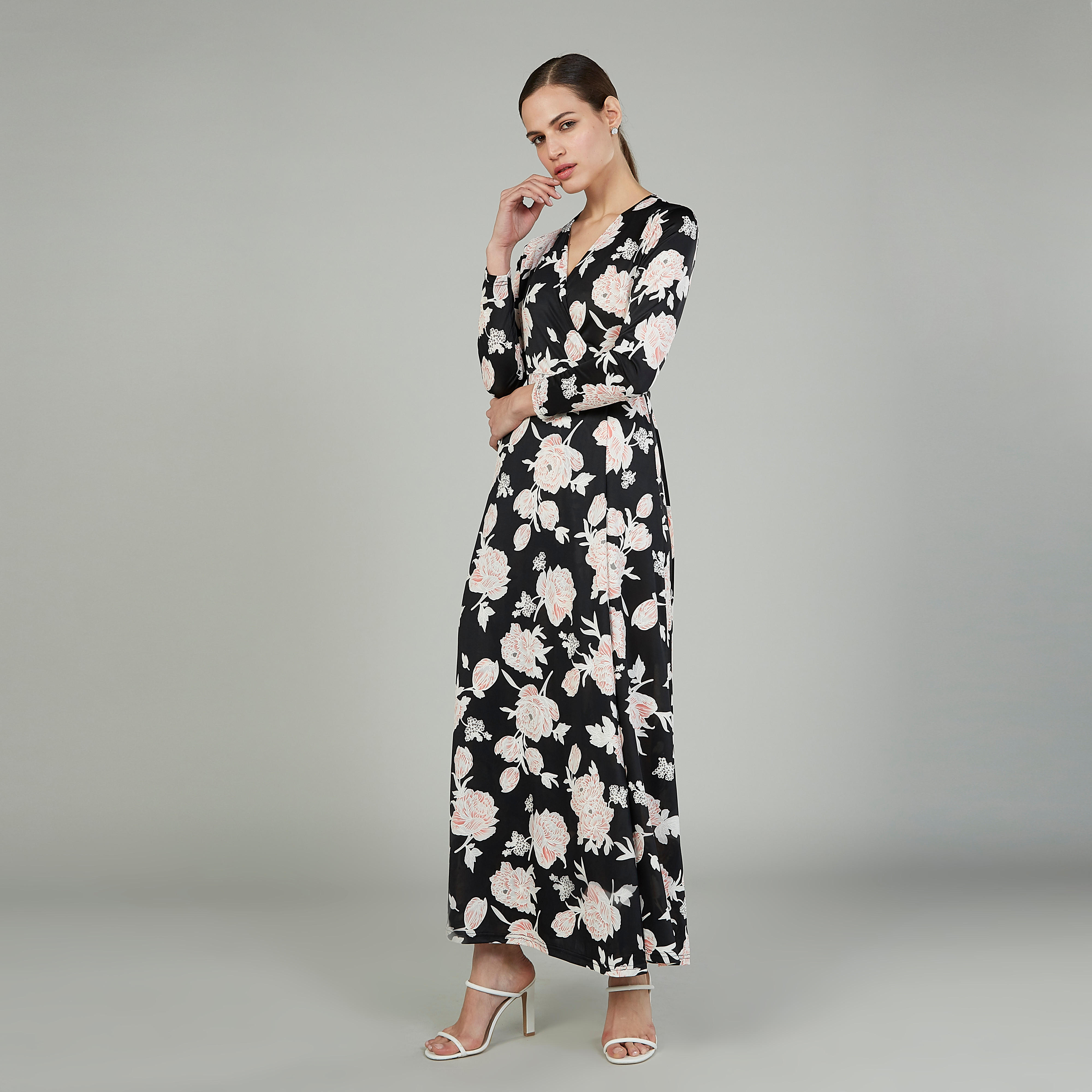 فستان طويل إيه لاين بياقة V وأكمام 3/4 و طبعات أزهار-women-clothing-dresses-image-2