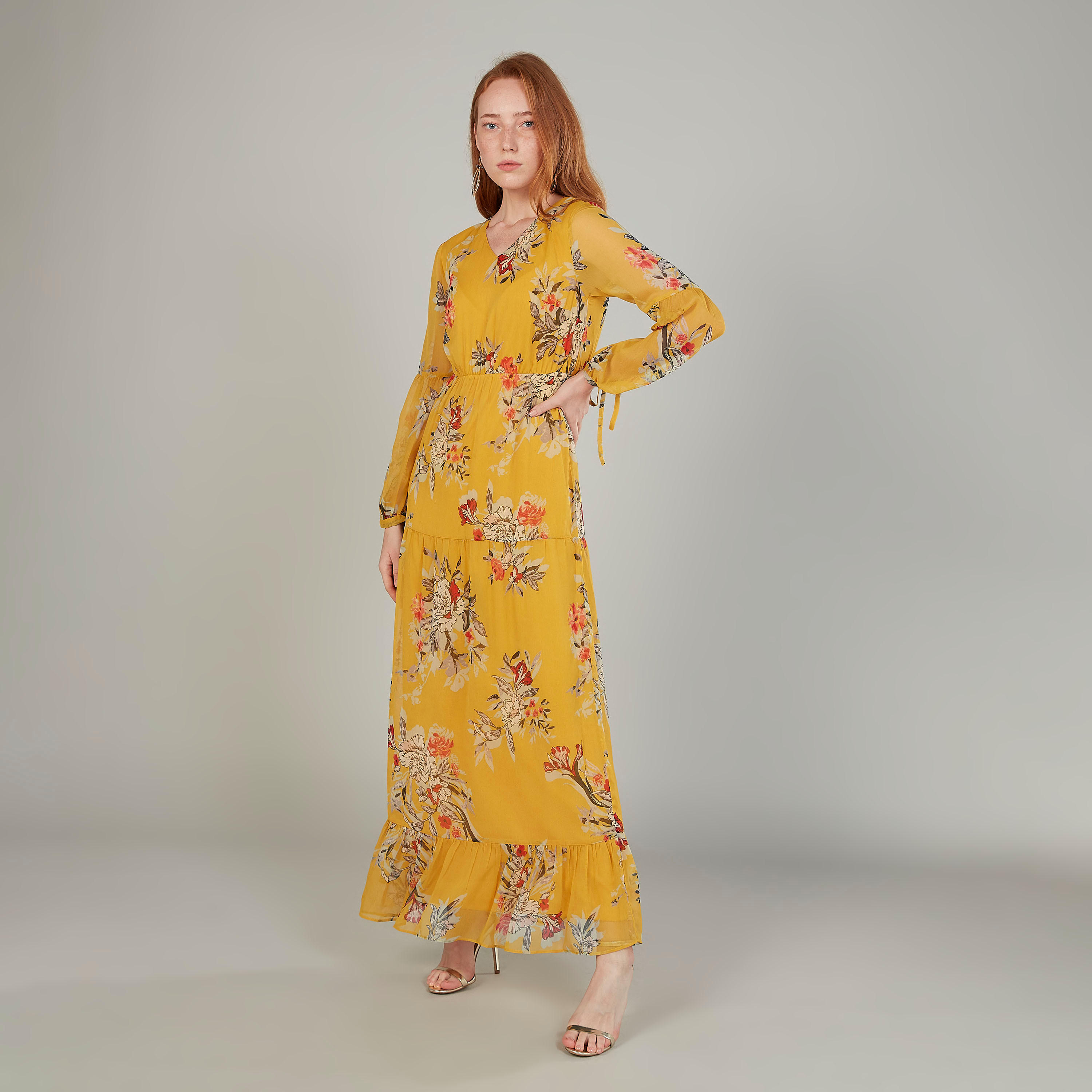 فستان طويل إيه لاين بياقة مستديرة وأكمام بيشوب مع طبعات-women-clothing-dresses-image-1