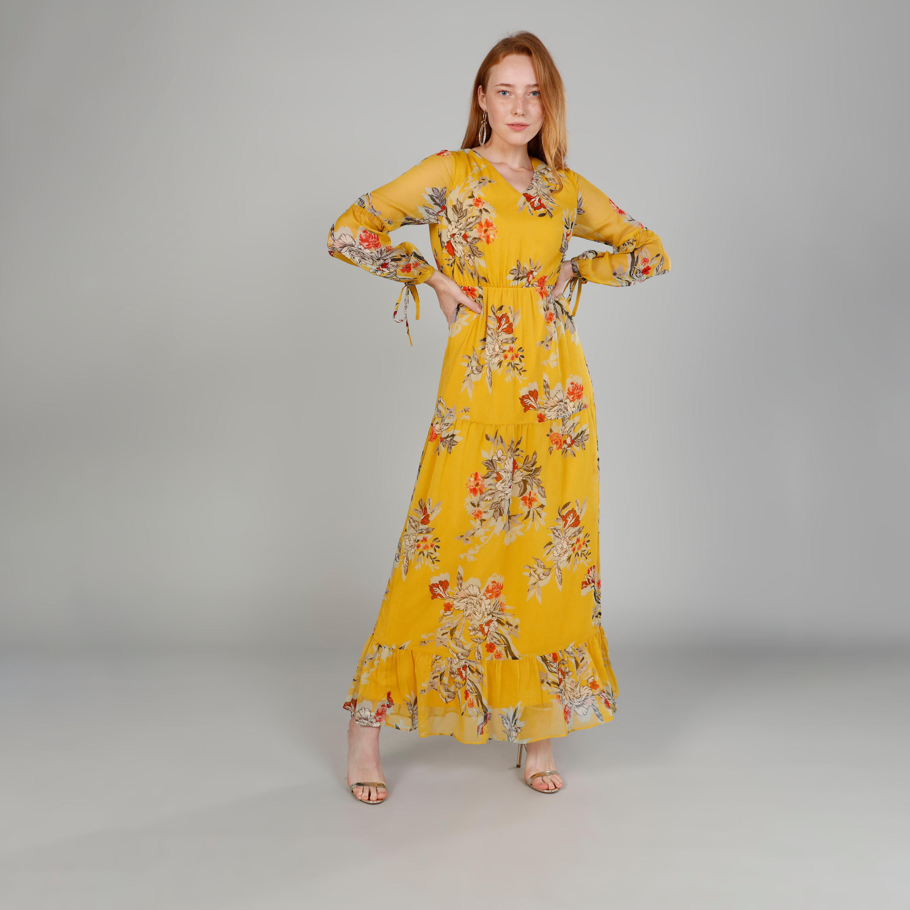 فستان طويل إيه لاين بياقة مستديرة وأكمام بيشوب مع طبعات-women-clothing-dresses-image-2