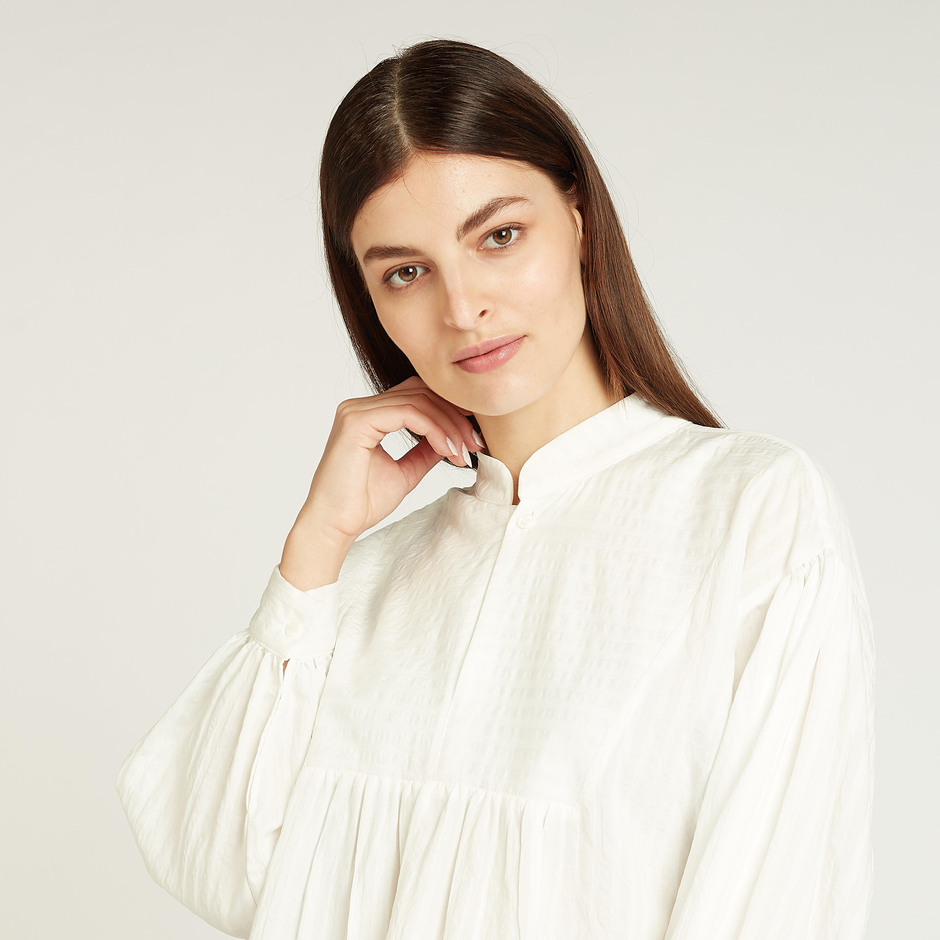 بلوزة بارزة الملمس بياقة ماندارين وأكمام طويلة-women-clothing-shirtsandblouses-blouses-image-2