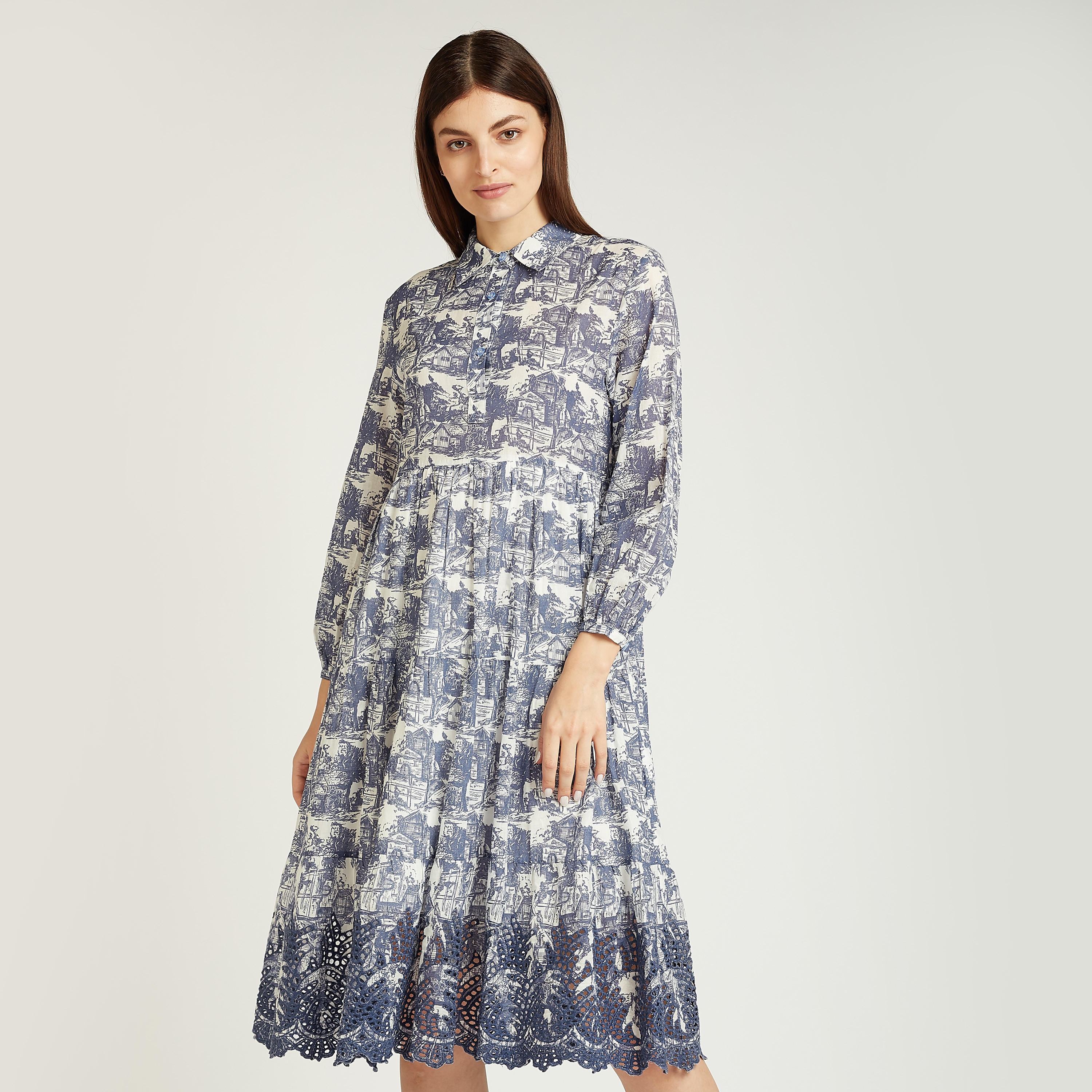 Printed Midi A-line Dress with Long Sleeves and Spread Collar-women-clothing-dresses-image-1
