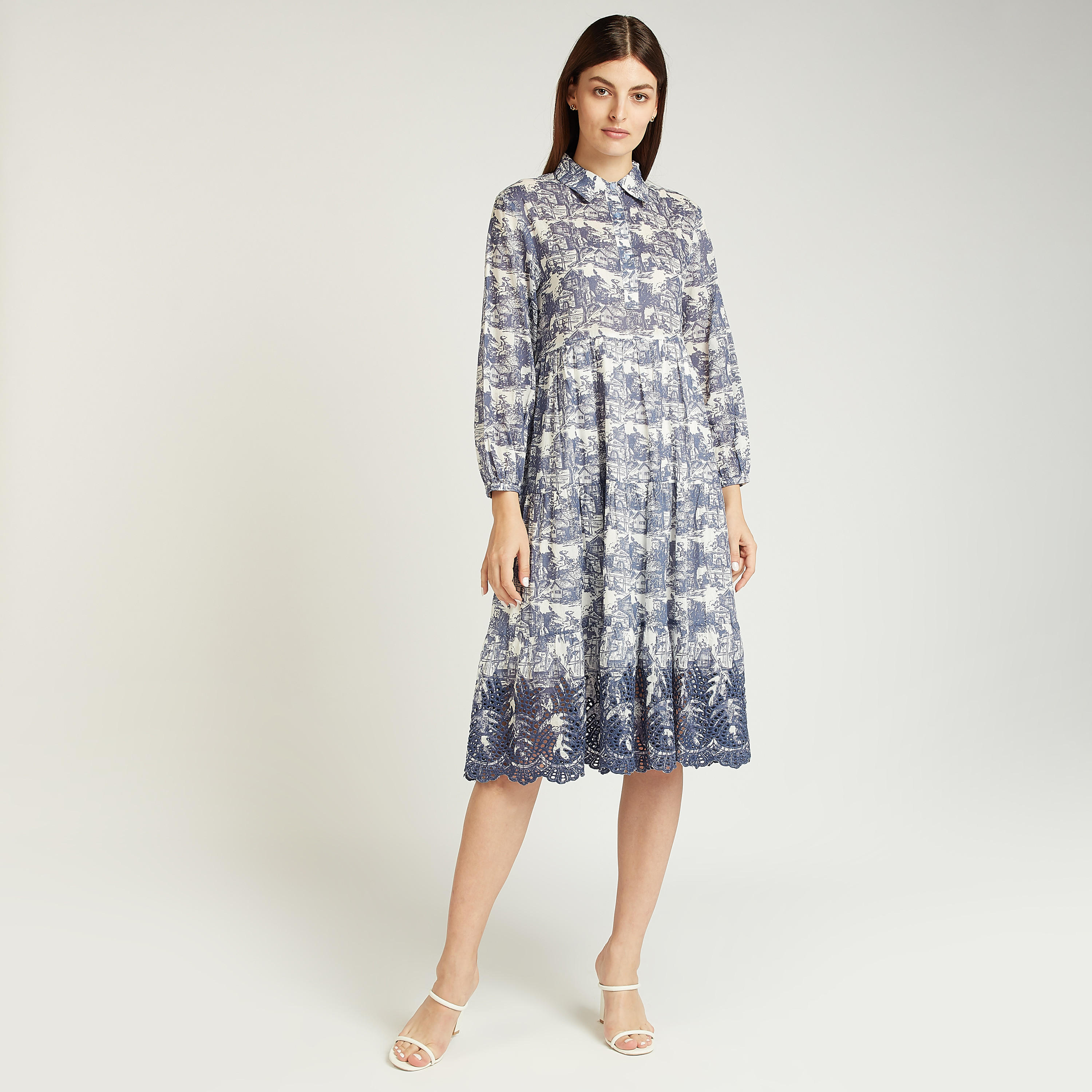 Printed Midi A-line Dress with Long Sleeves and Spread Collar-women-clothing-dresses-image-2