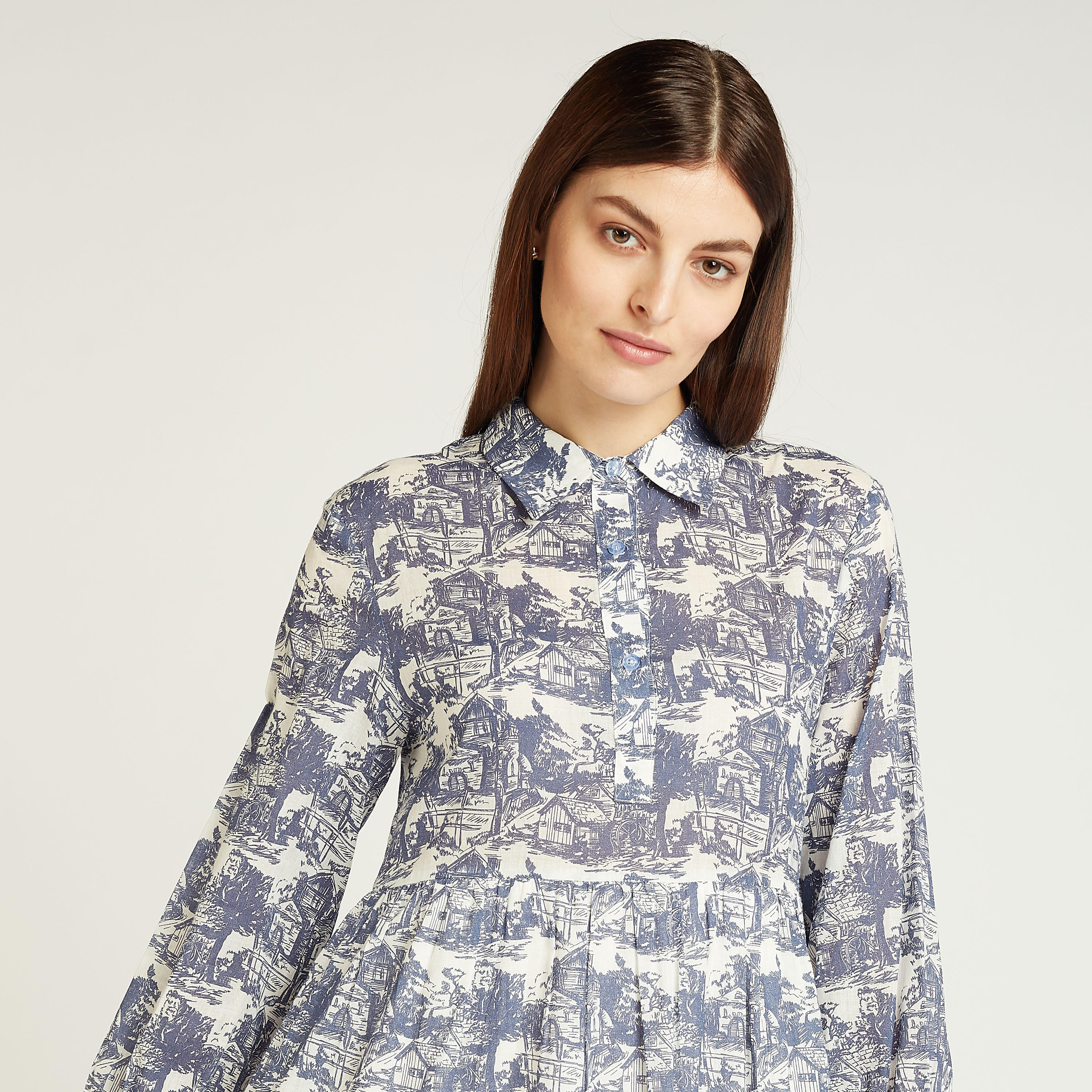 Printed Midi A-line Dress with Long Sleeves and Spread Collar-women-clothing-dresses-image-3