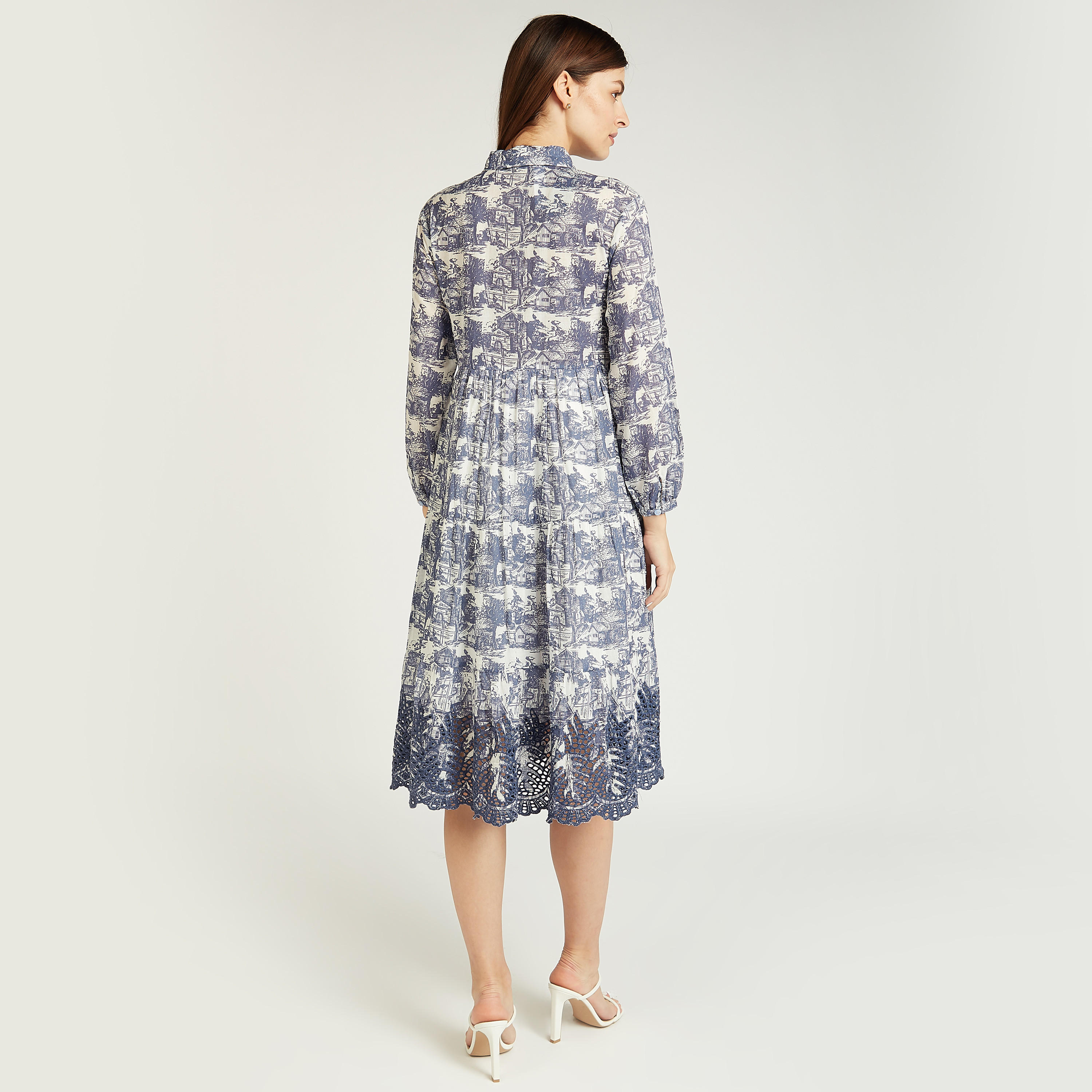 Printed Midi A-line Dress with Long Sleeves and Spread Collar-women-clothing-dresses-image-4