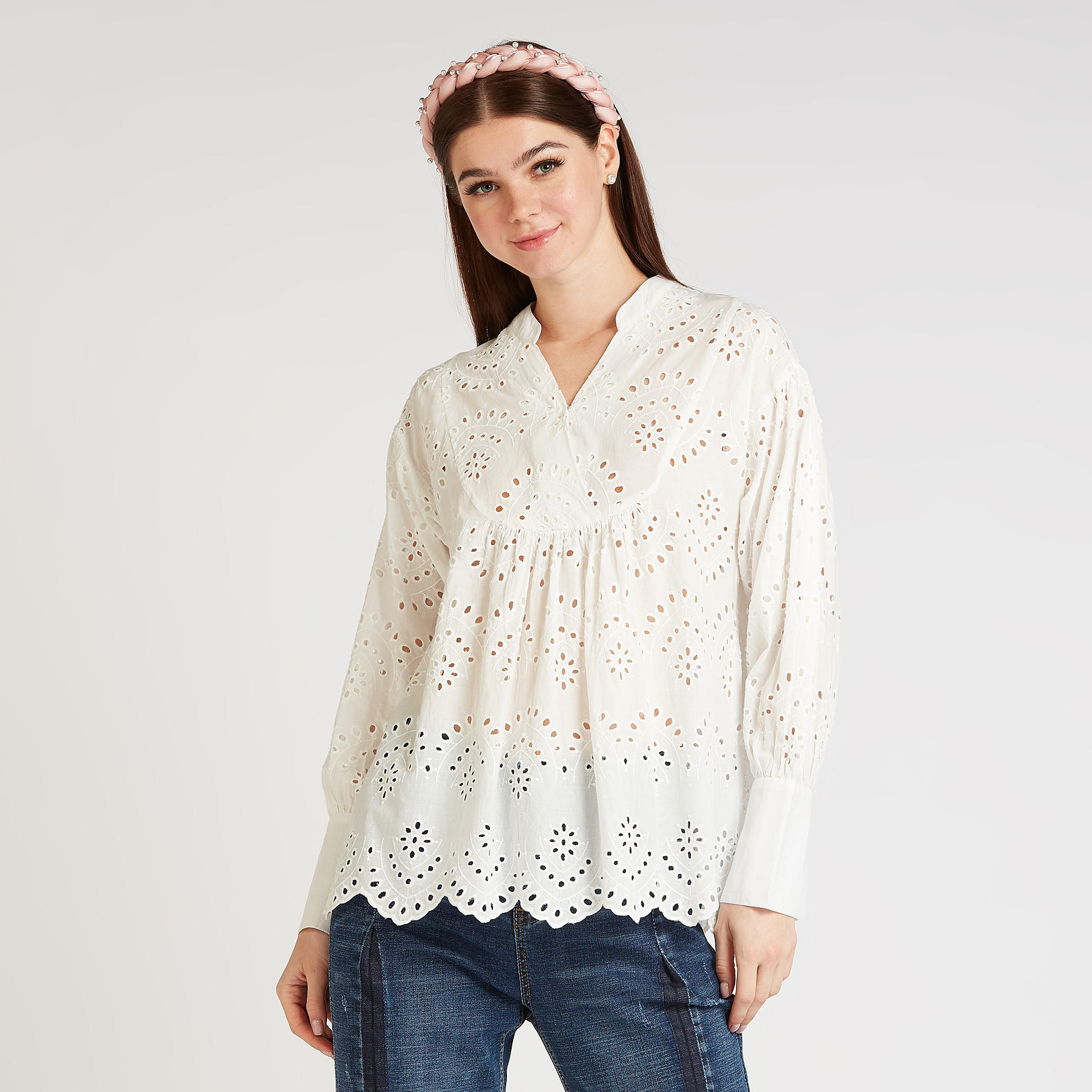 بلوزة شيفلي بياقة ماندارين وأكمام طويلة-women-clothing-shirtsandblouses-blouses-image-1