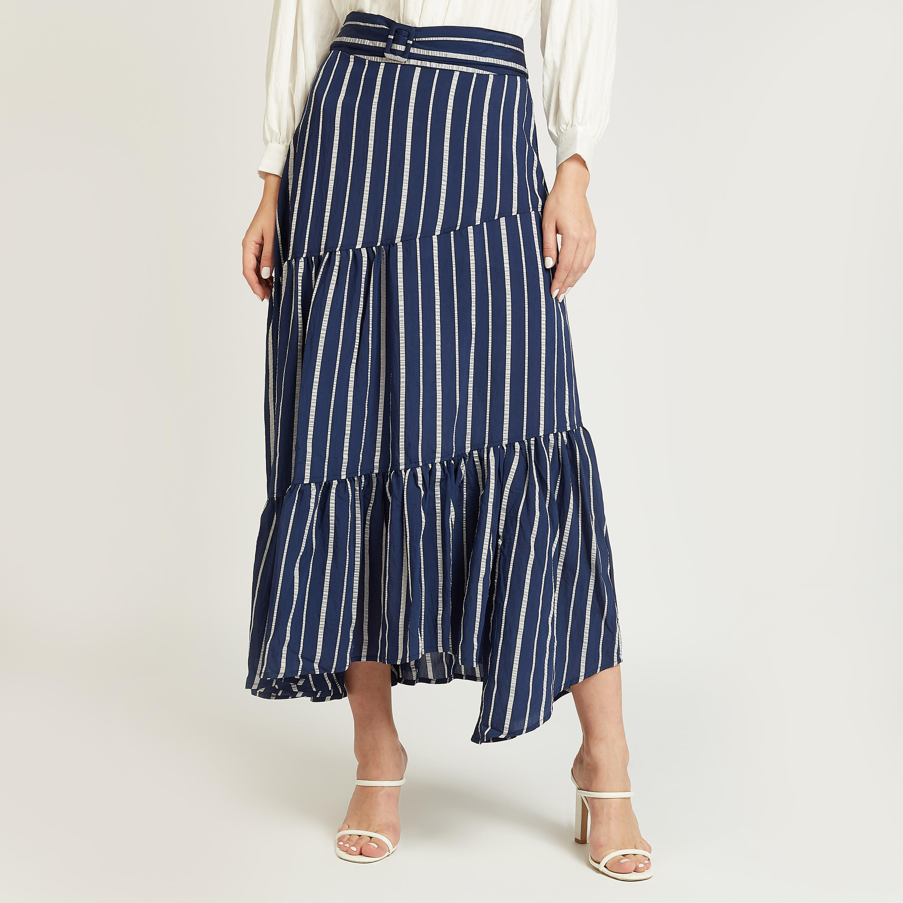 تنورة إيه لاين طويلة مخططة وحواف غير مستوية وحزام-women-clothing-bottoms-skirts-image-4