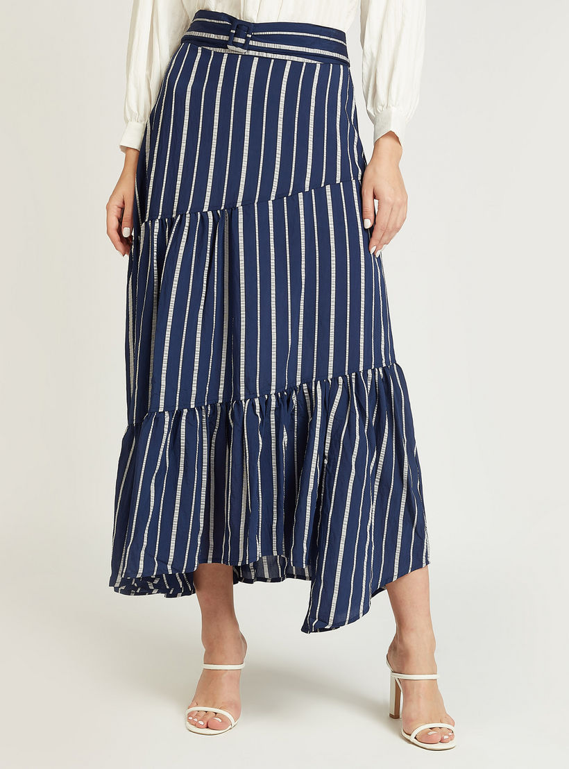 تنورة إيه لاين طويلة مخططة وحواف غير مستوية وحزام-women-clothing-bottoms-skirts-image-4