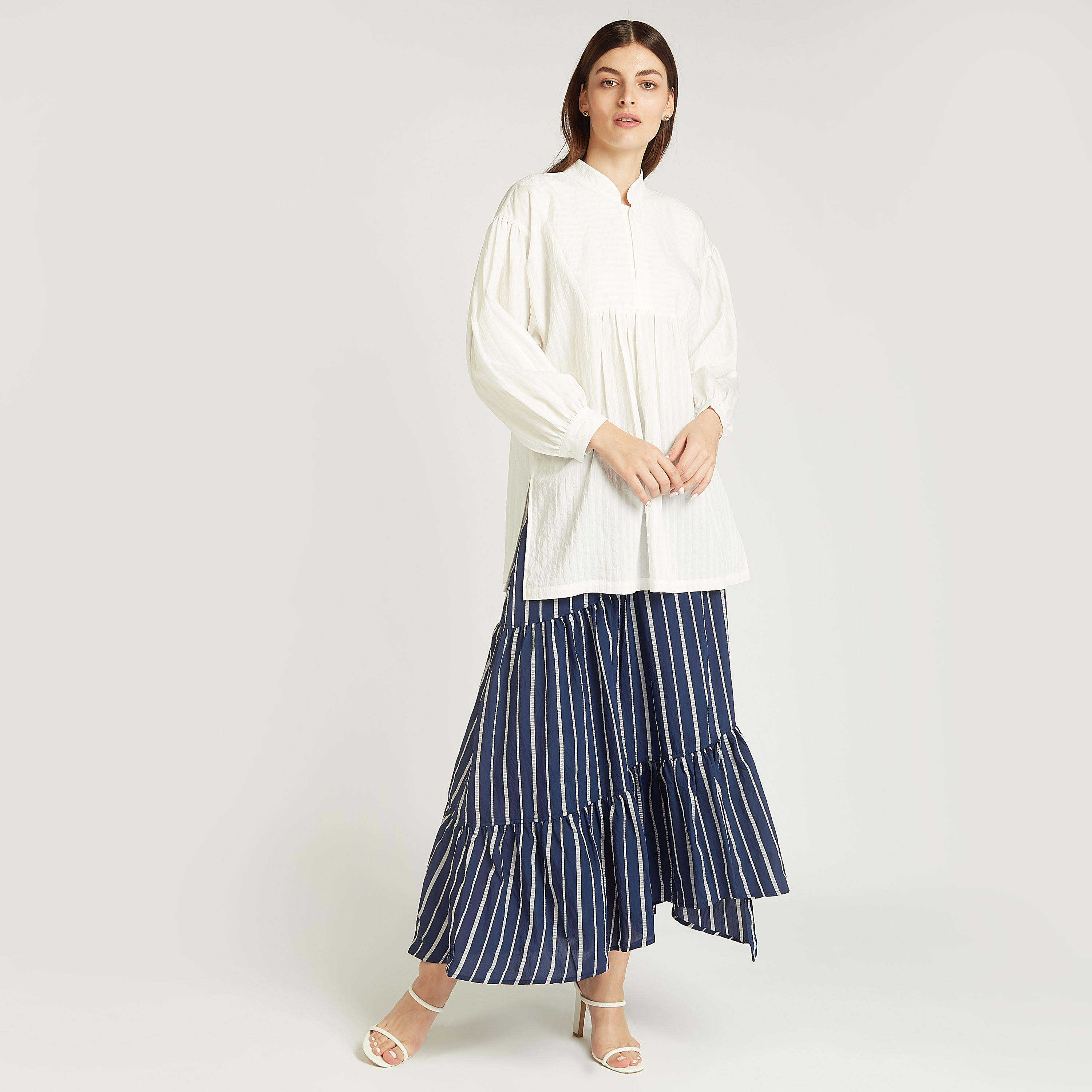 تنورة إيه لاين طويلة مخططة وحواف غير مستوية وحزام-women-clothing-bottoms-skirts-image-3