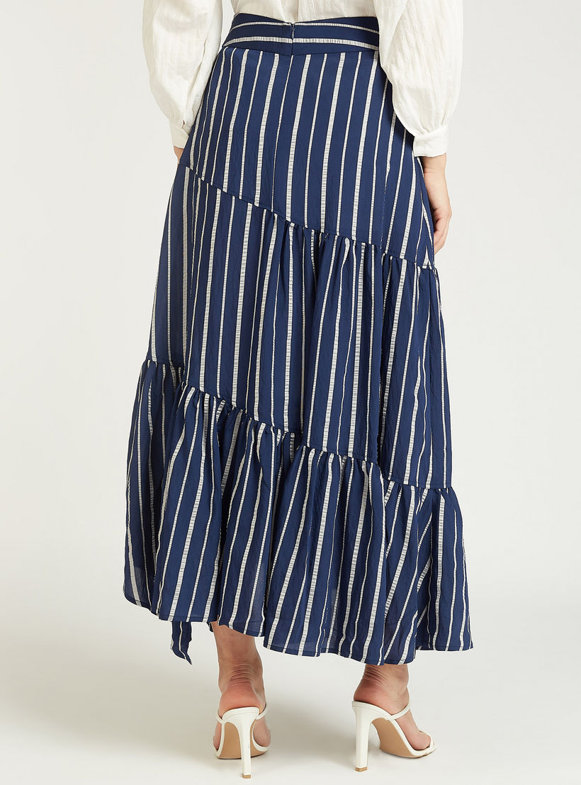 تنورة إيه لاين طويلة مخططة وحواف غير مستوية وحزام-women-clothing-bottoms-skirts-image-1