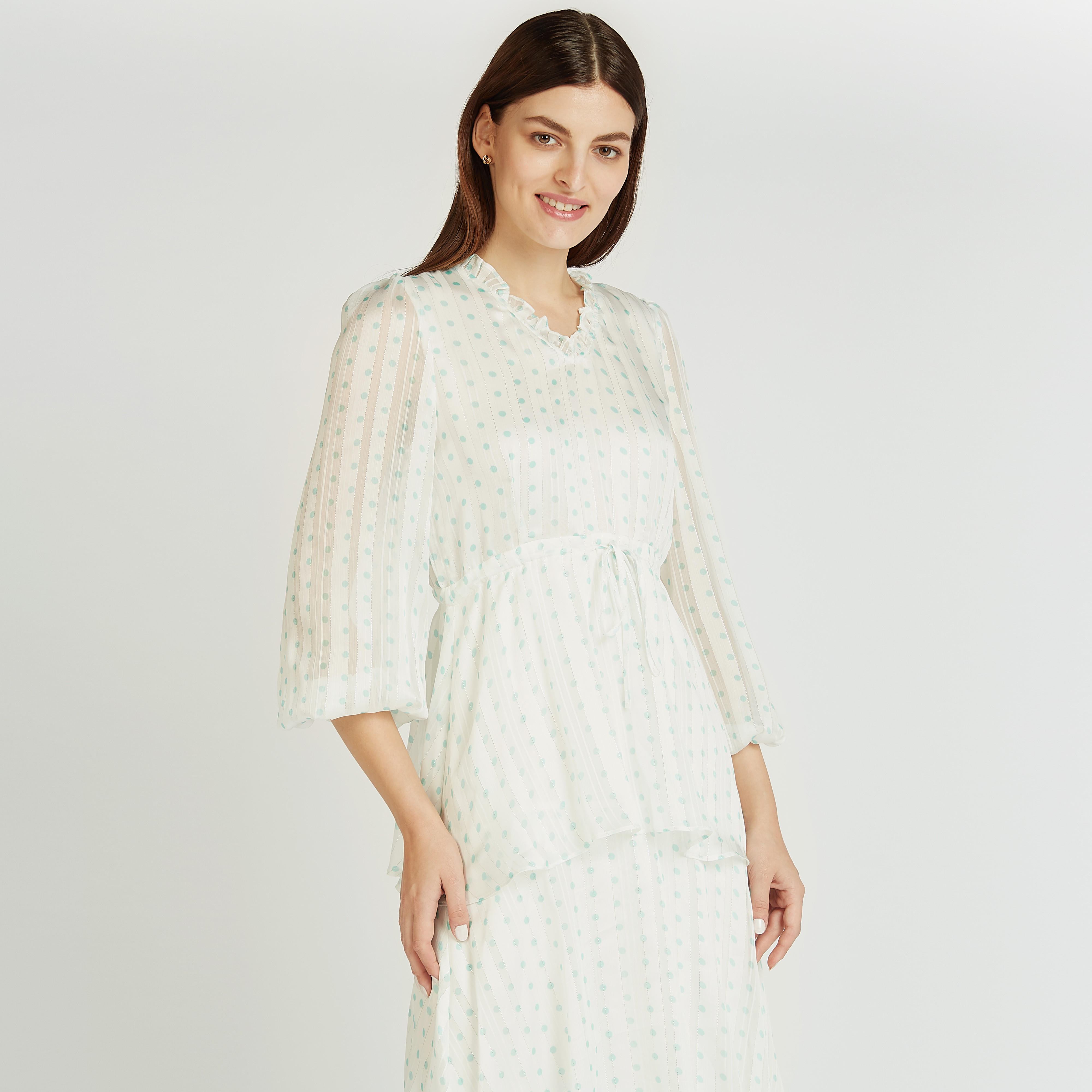 فستان إيه لاين طويل بطبعات منقّطة وياقة v وأكمام 3/4-women-clothing-dresses-image-1