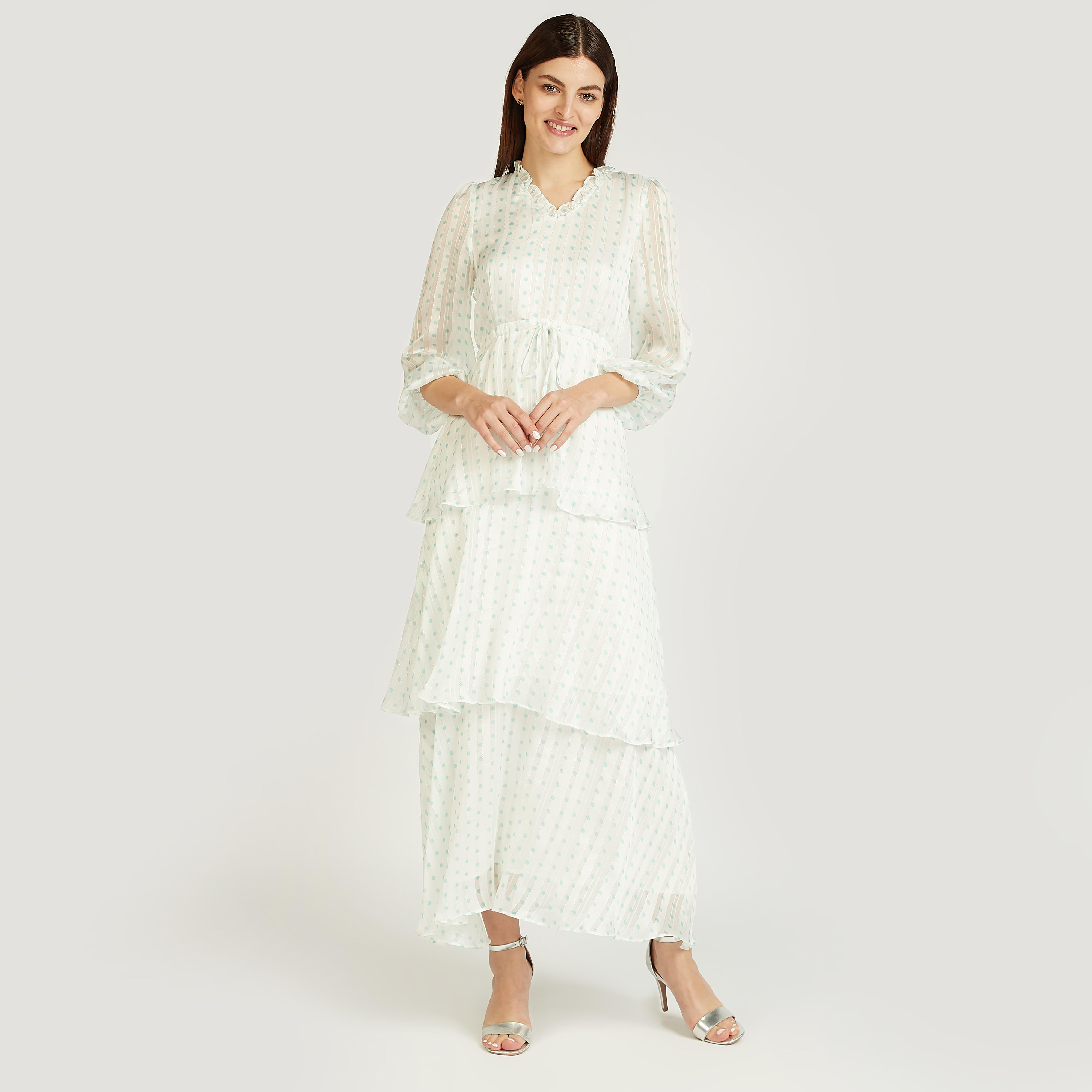فستان إيه لاين طويل بطبعات منقّطة وياقة v وأكمام 3/4-women-clothing-dresses-image-2