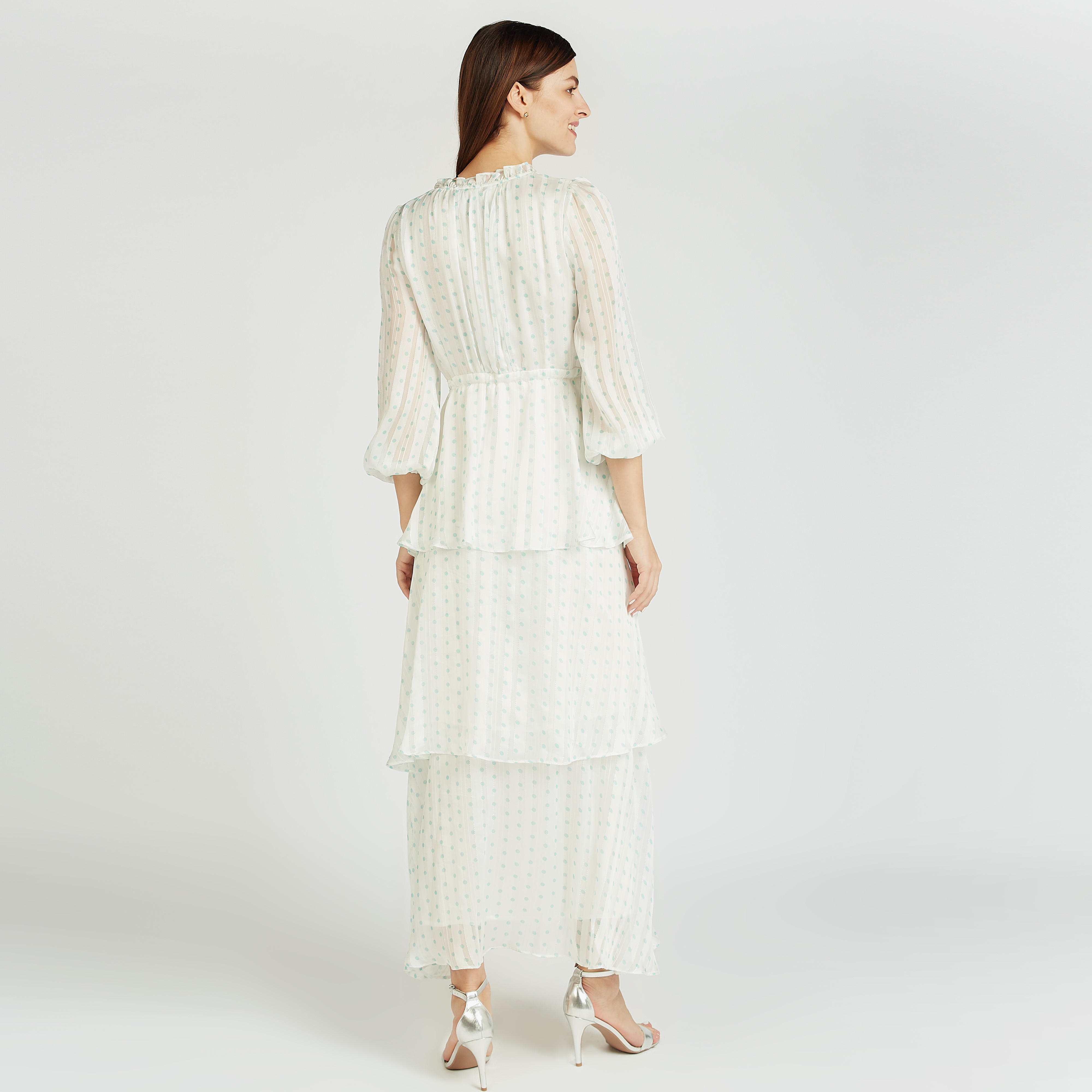 فستان إيه لاين طويل بطبعات منقّطة وياقة v وأكمام 3/4-women-clothing-dresses-image-3