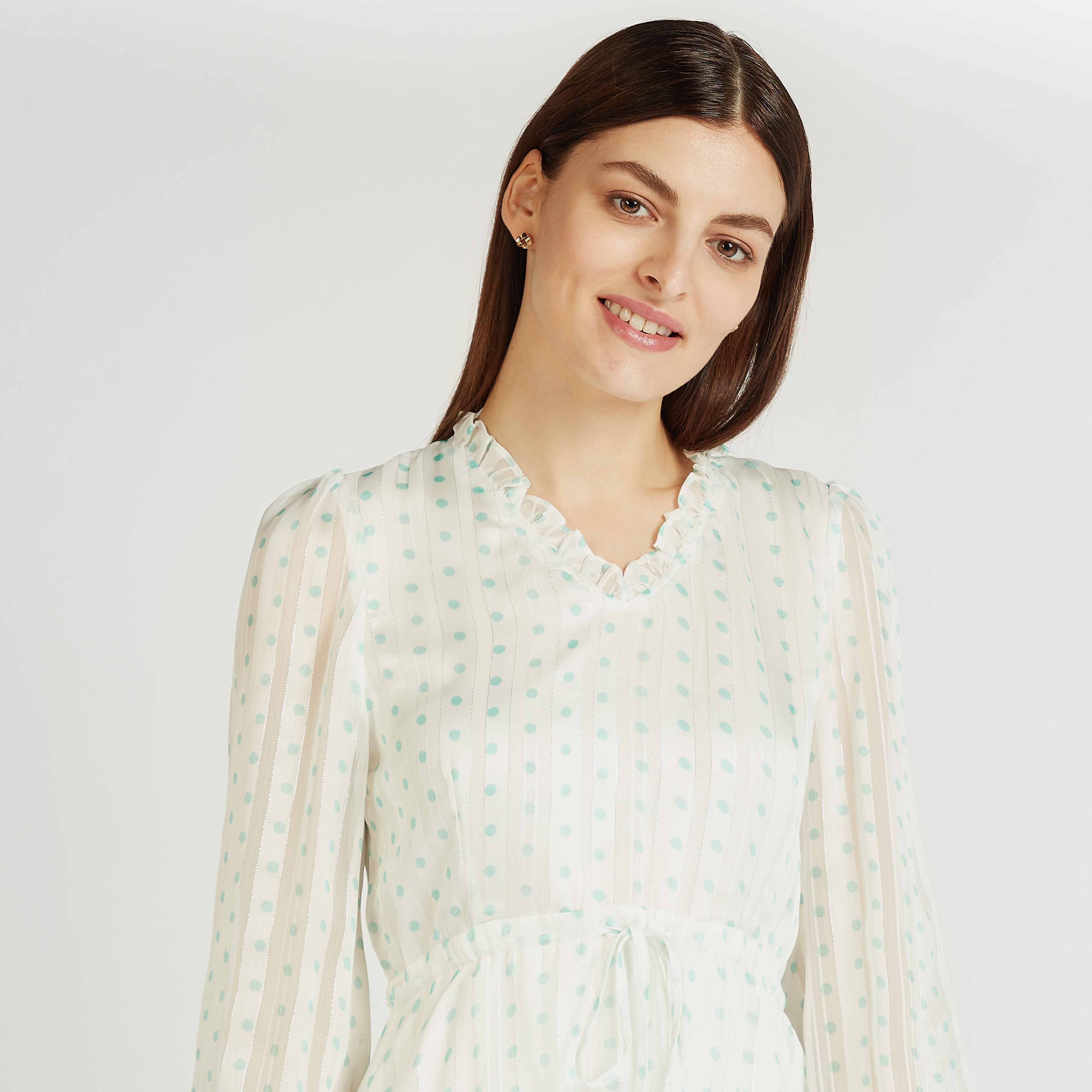 فستان إيه لاين طويل بطبعات منقّطة وياقة v وأكمام 3/4-women-clothing-dresses-image-4