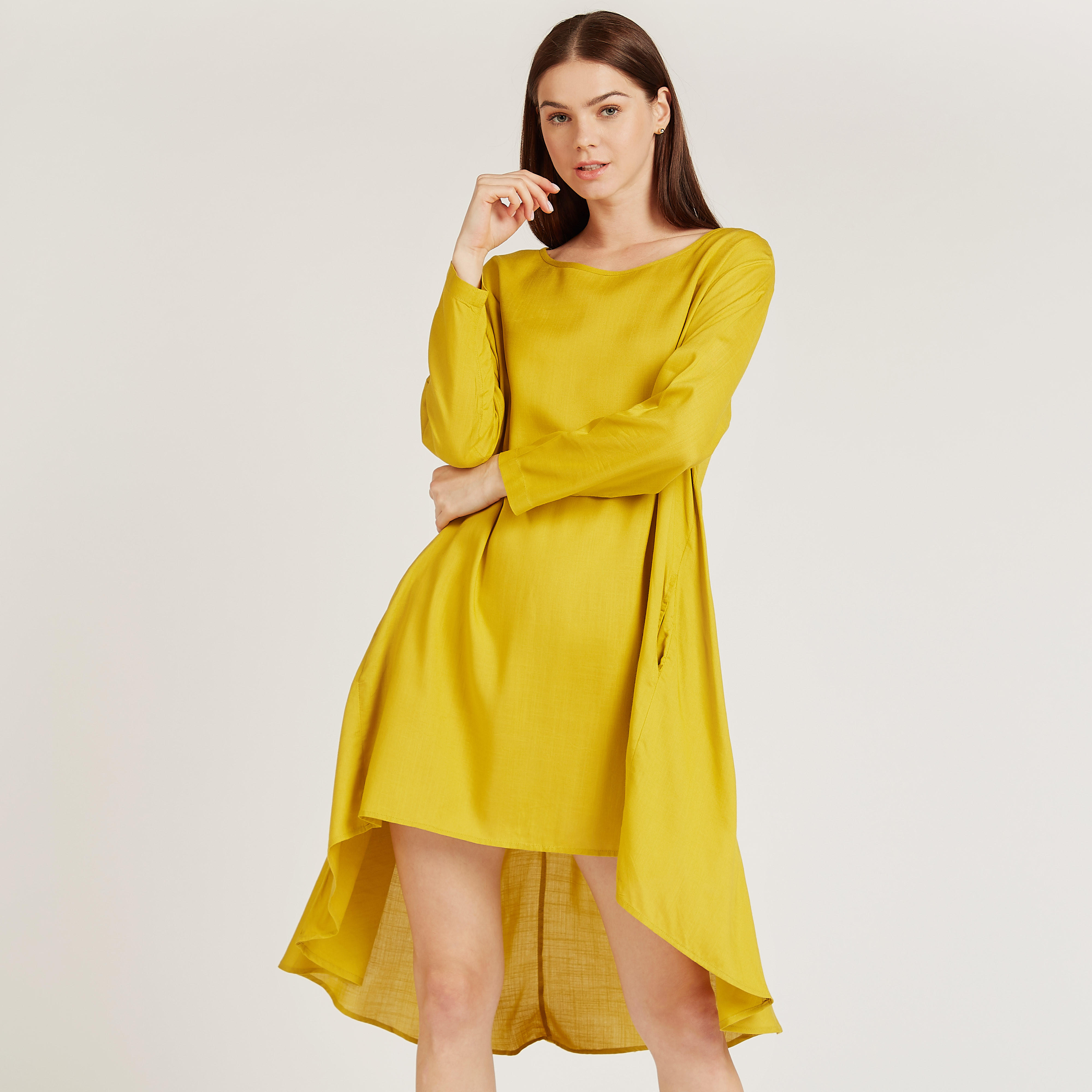 فستان ميدي سادة بأكمام طويلة وحواف غير مستوية-women-clothing-dresses-image-4
