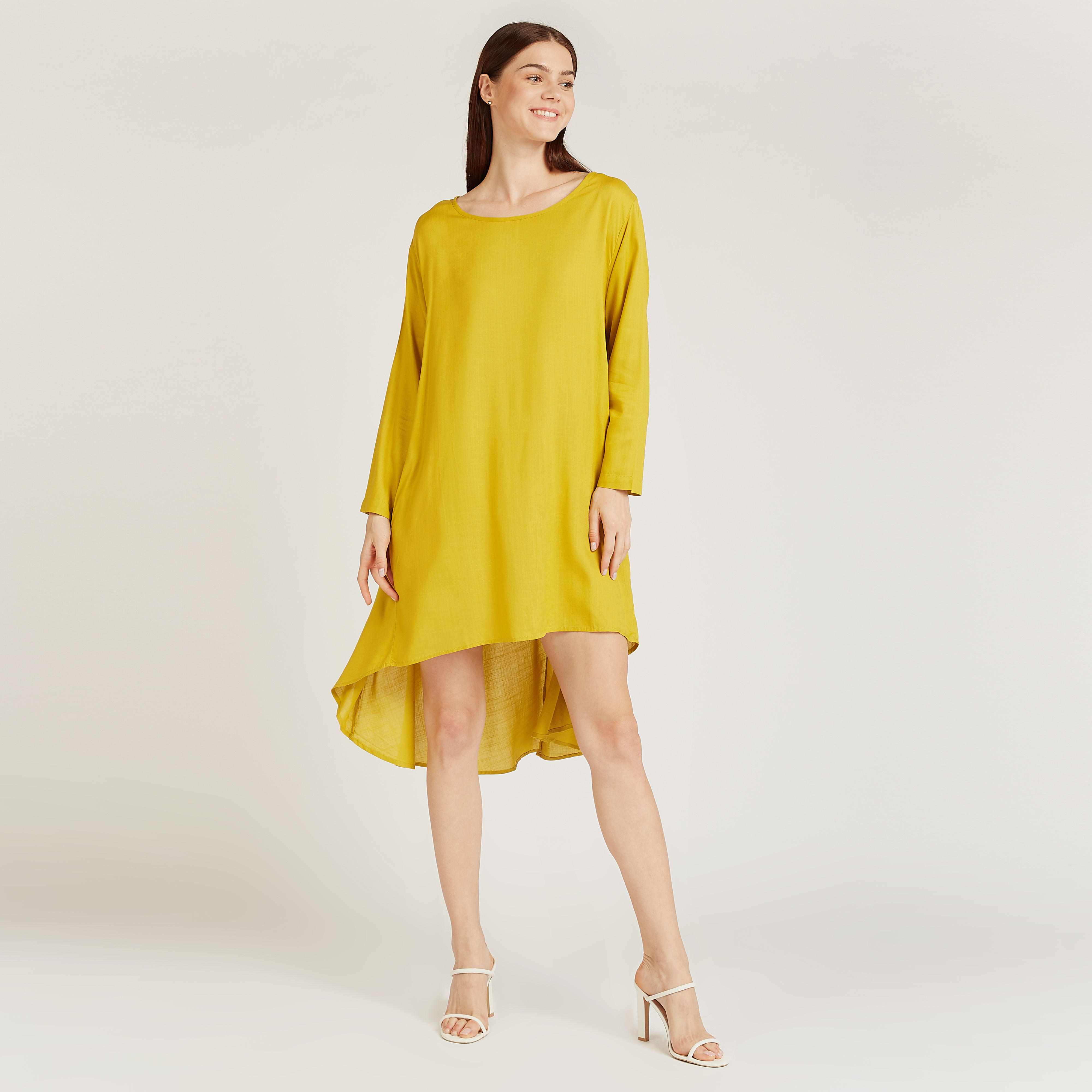 فستان ميدي سادة بأكمام طويلة وحواف غير مستوية-women-clothing-dresses-image-3