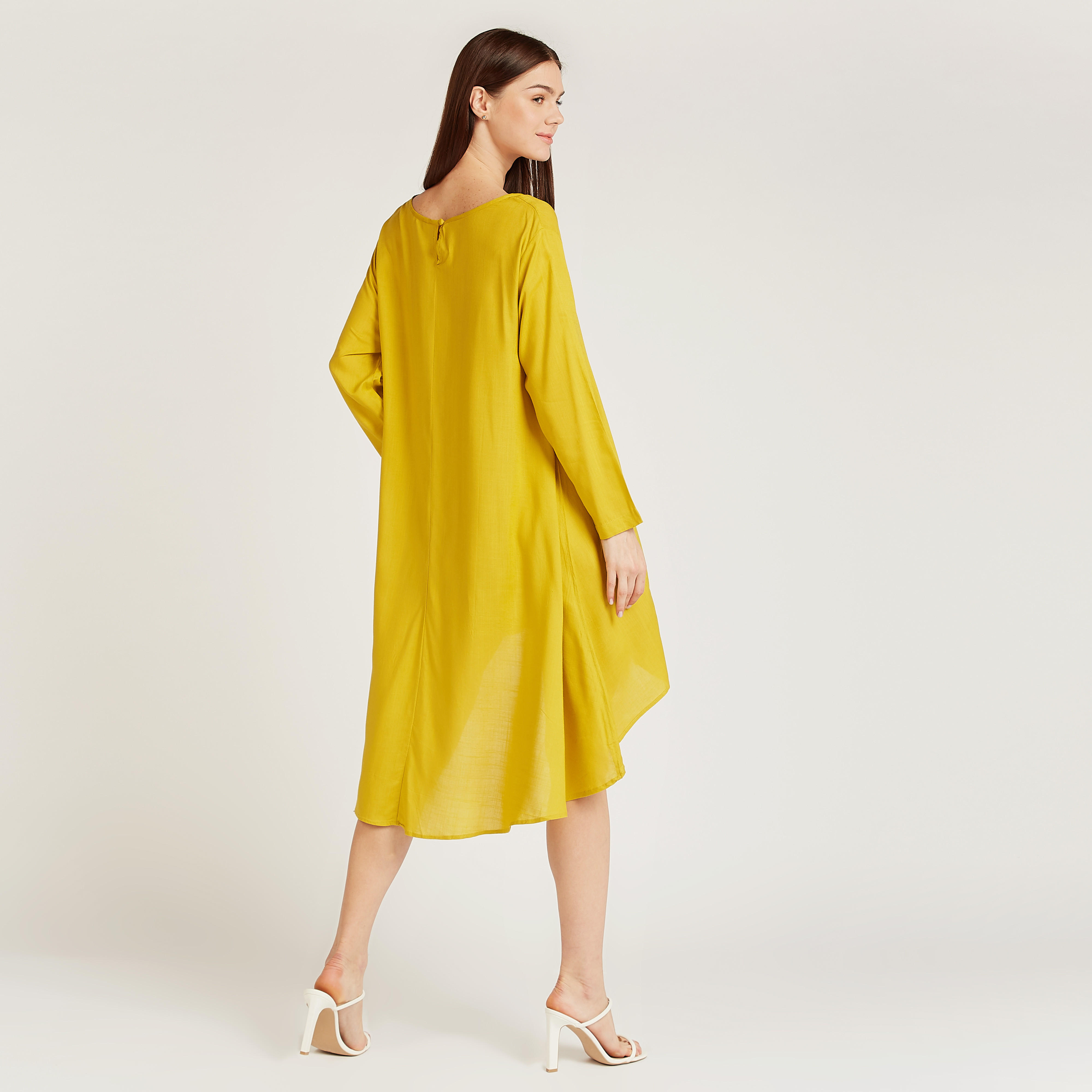 فستان ميدي سادة بأكمام طويلة وحواف غير مستوية-women-clothing-dresses-image-1