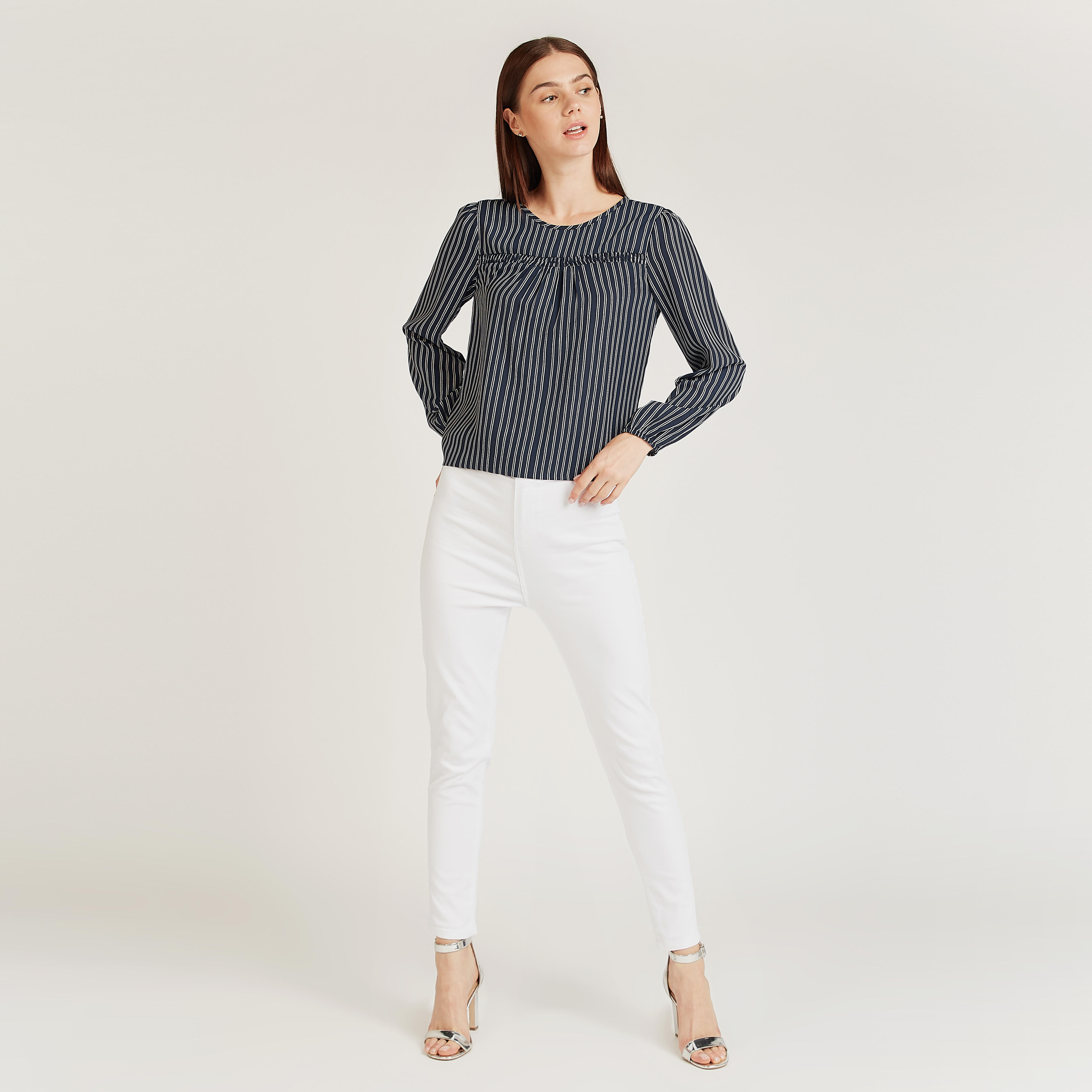 بلوزة مستدامة مقلّمة بياقة مستديرة وأكمام طويلة-women-clothing-shirtsandblouses-blouses-image-2