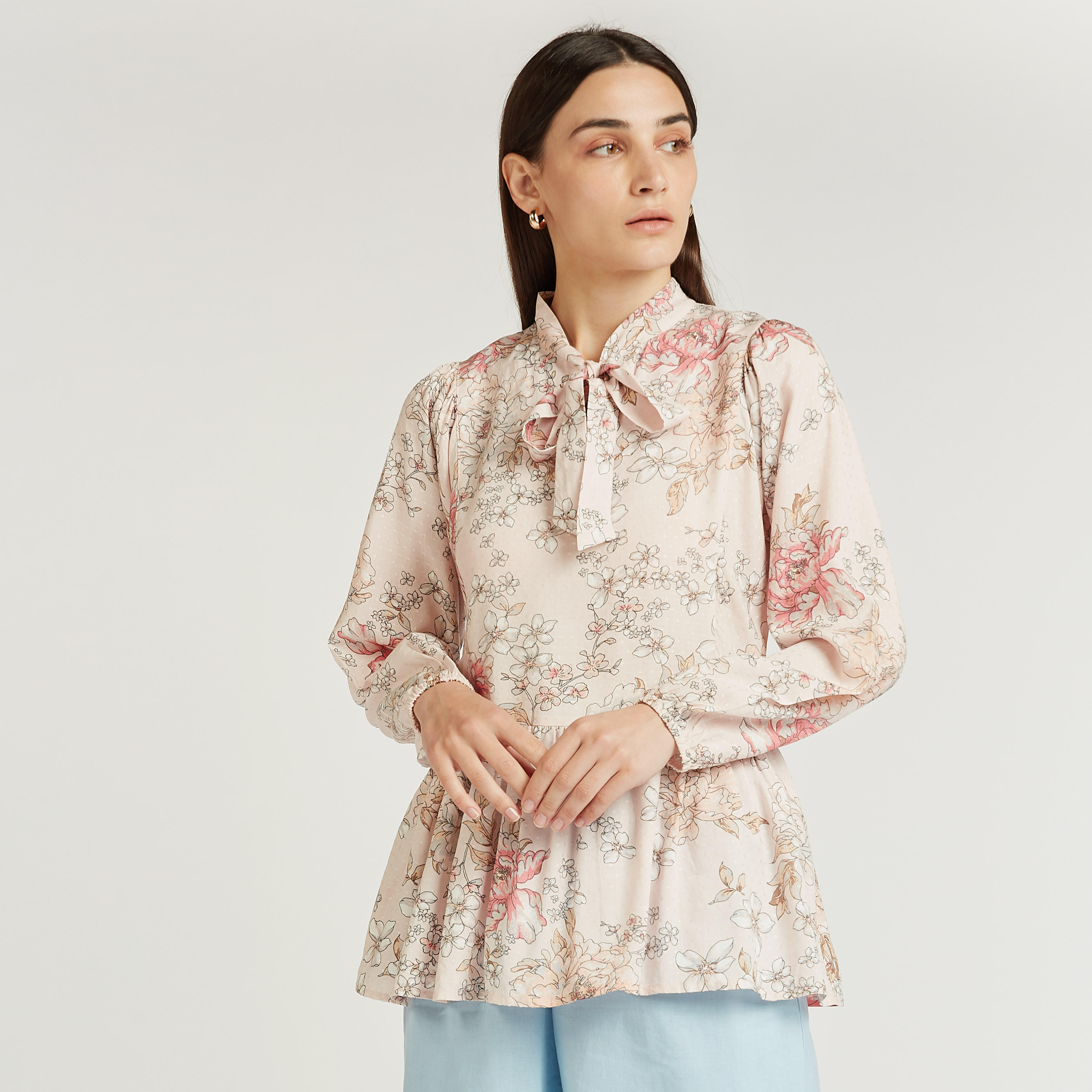 Printed Peplum Top with Long Sleeves and Necktie-women-clothing-shirtsandblouses-blouses-image-1