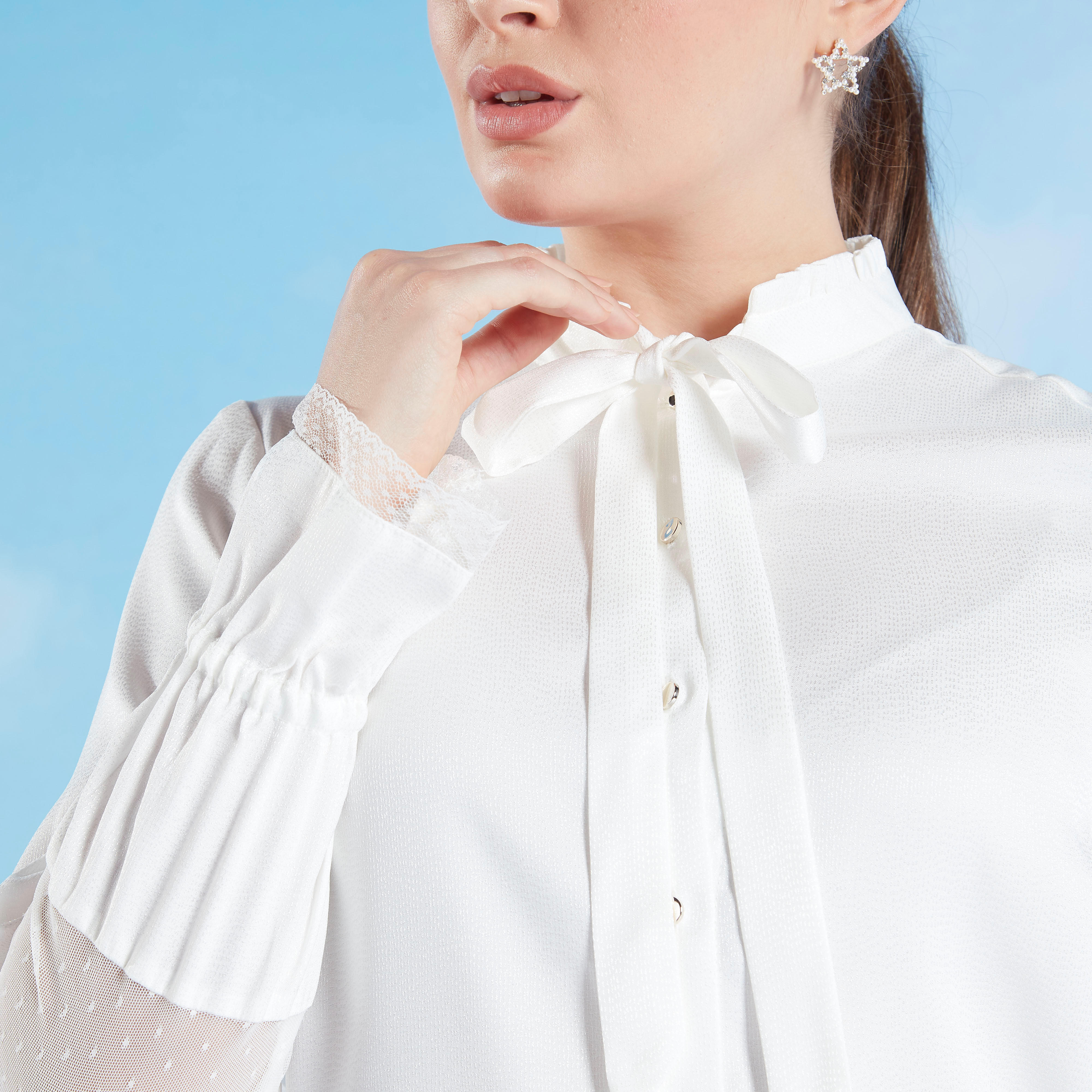 قميص سادة بأكمام طويلة وربطة عنق وتفاصيل دانتيل-women-clothing-shirtsandblouses-shirts-image-3