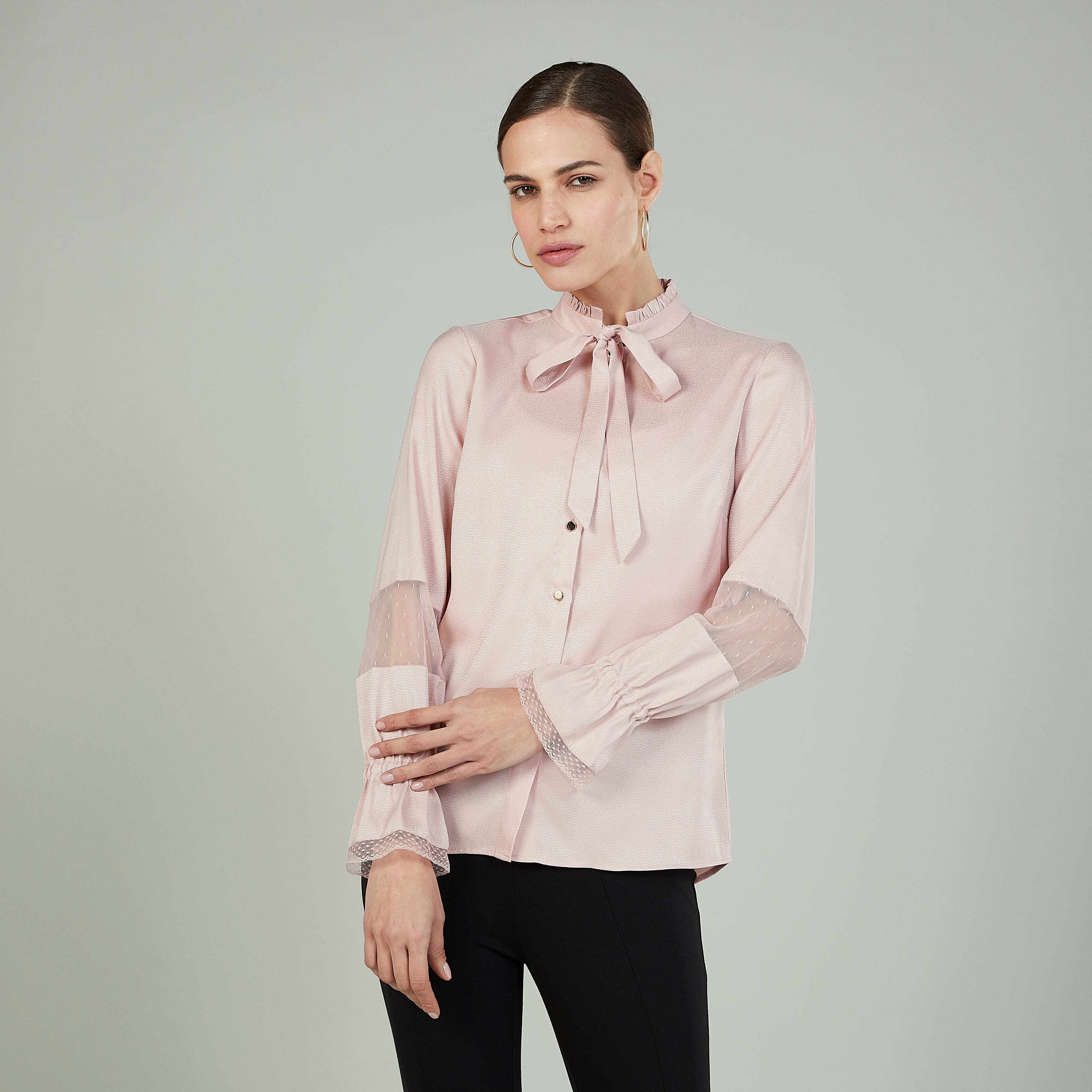 Plain Long Sleeves Shirt with Necktie and Lace Detail-women-clothing-shirtsandblouses-shirts-image-1