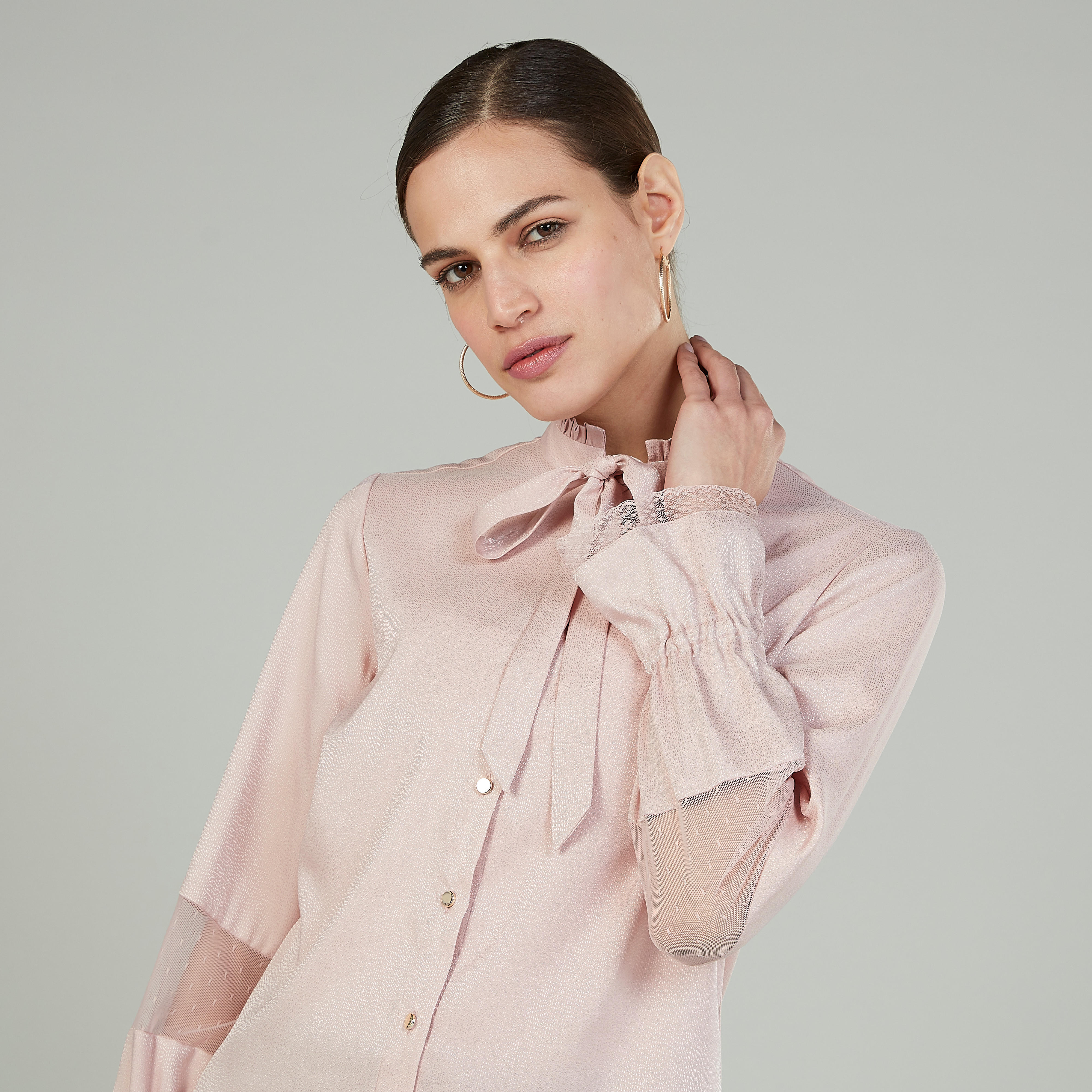 Plain Long Sleeves Shirt with Necktie and Lace Detail-women-clothing-shirtsandblouses-shirts-image-3