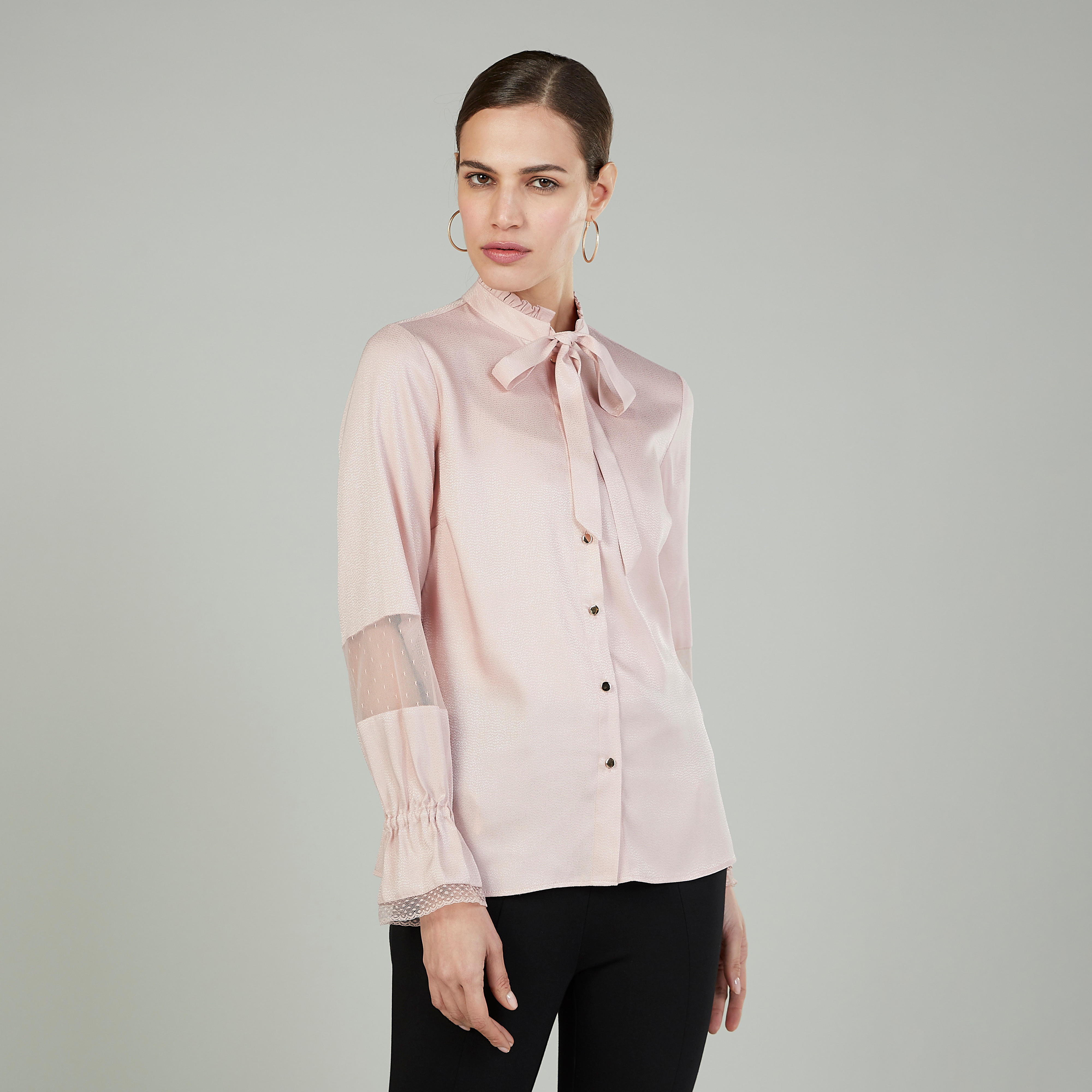 Plain Long Sleeves Shirt with Necktie and Lace Detail-women-clothing-shirtsandblouses-shirts-image-5