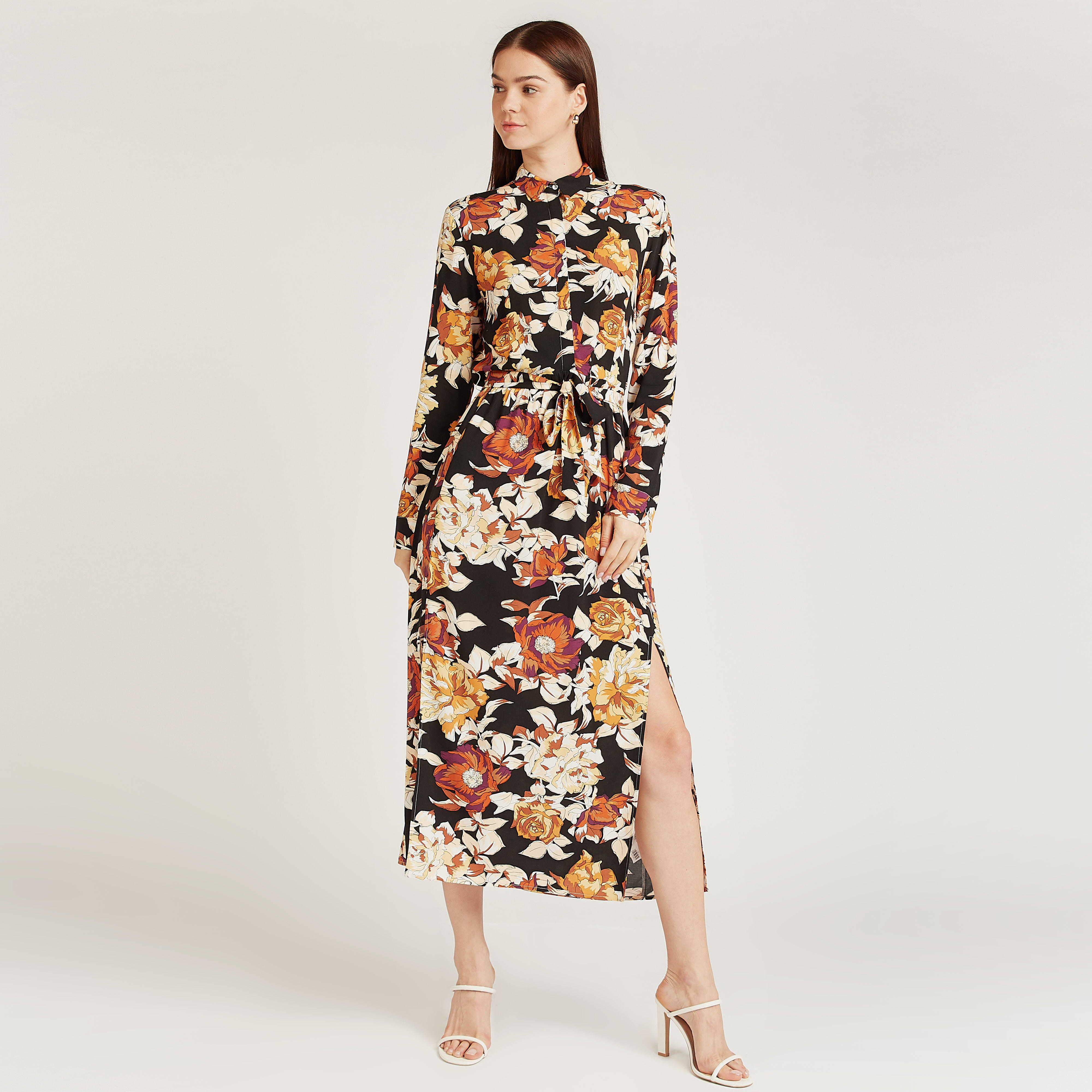 فستان شيفت ميدي بأربطة وفتحة جانبية وطبعات زهرية-women-clothing-dresses-image-4