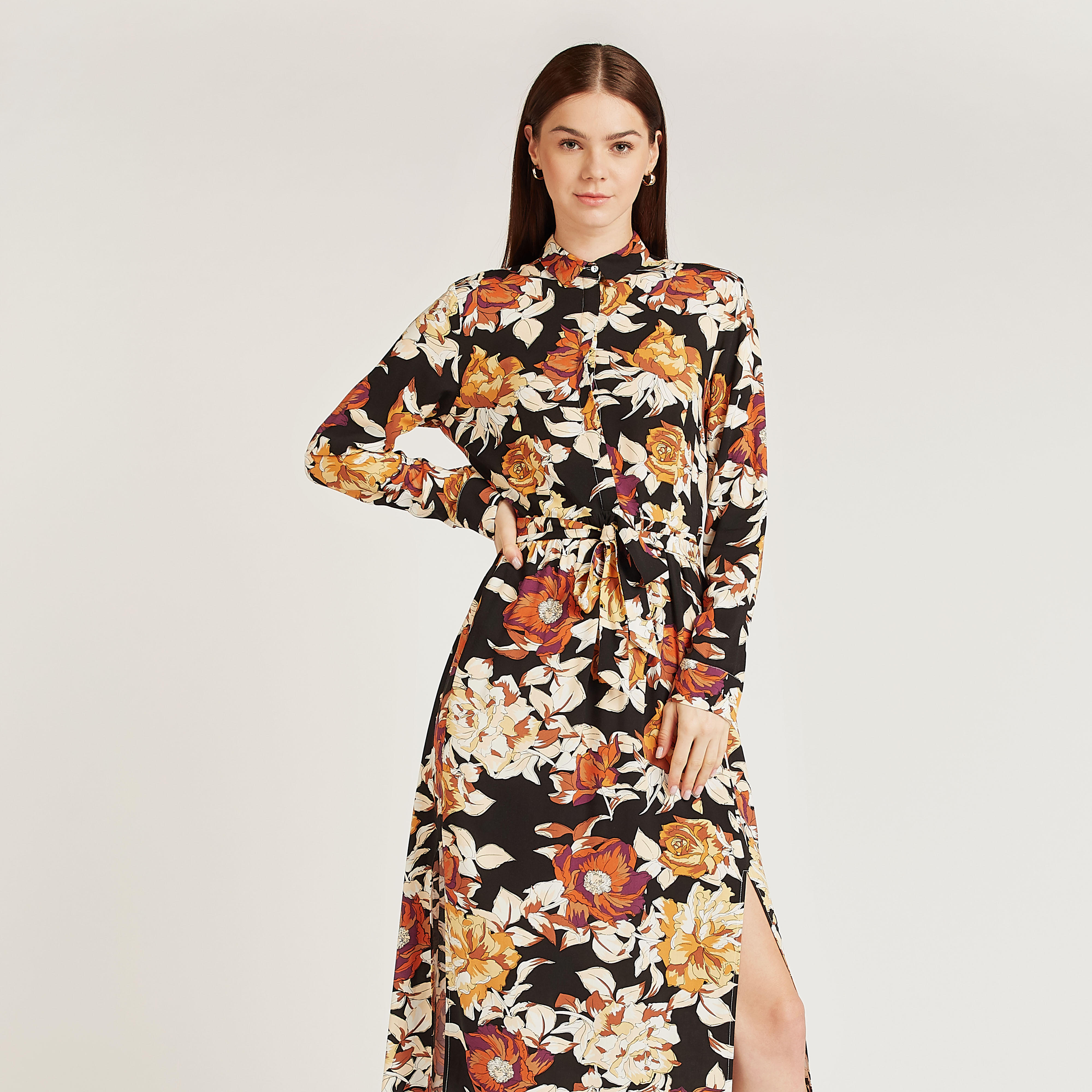 فستان شيفت ميدي بأربطة وفتحة جانبية وطبعات زهرية-women-clothing-dresses-image-3