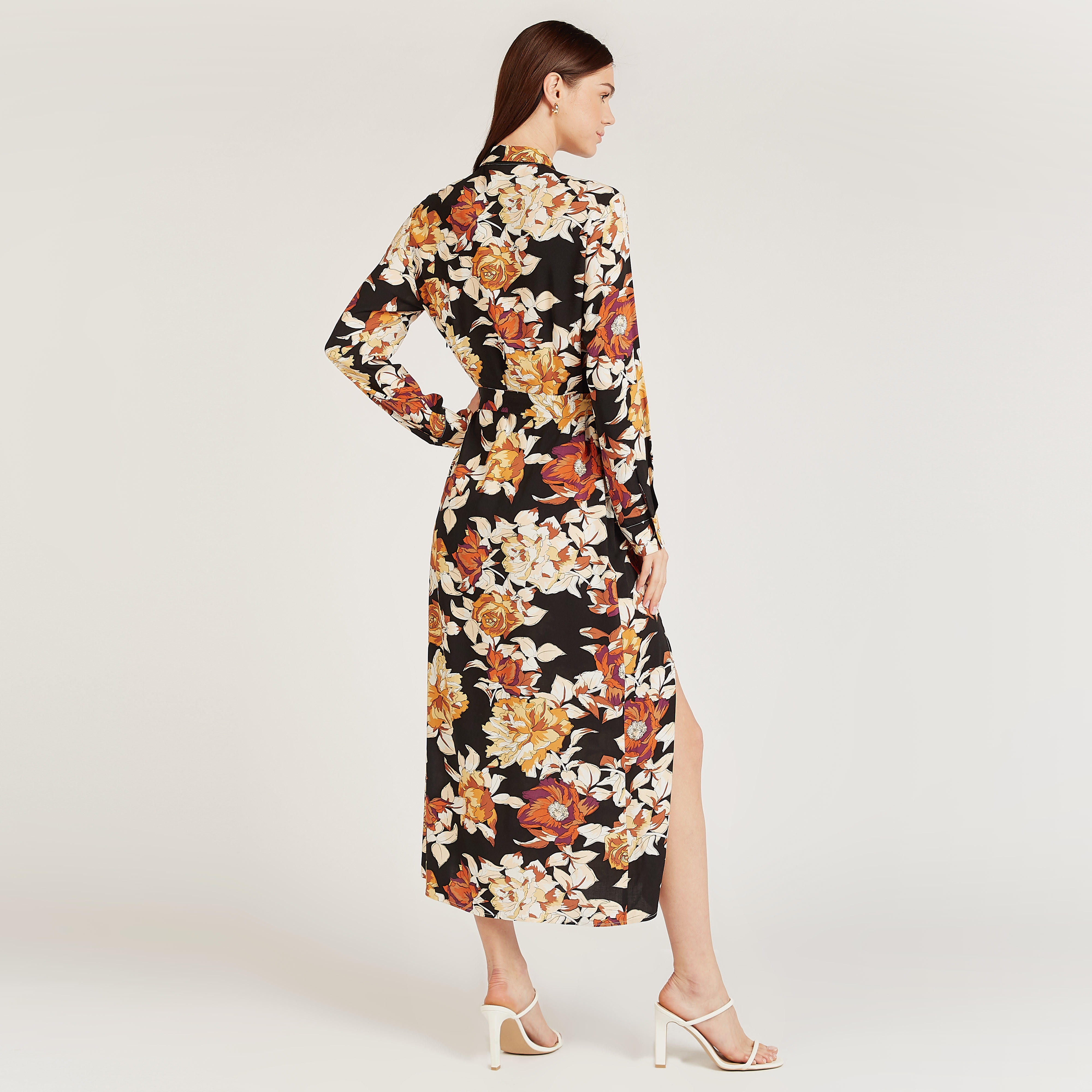 فستان شيفت ميدي بأربطة وفتحة جانبية وطبعات زهرية-women-clothing-dresses-image-2