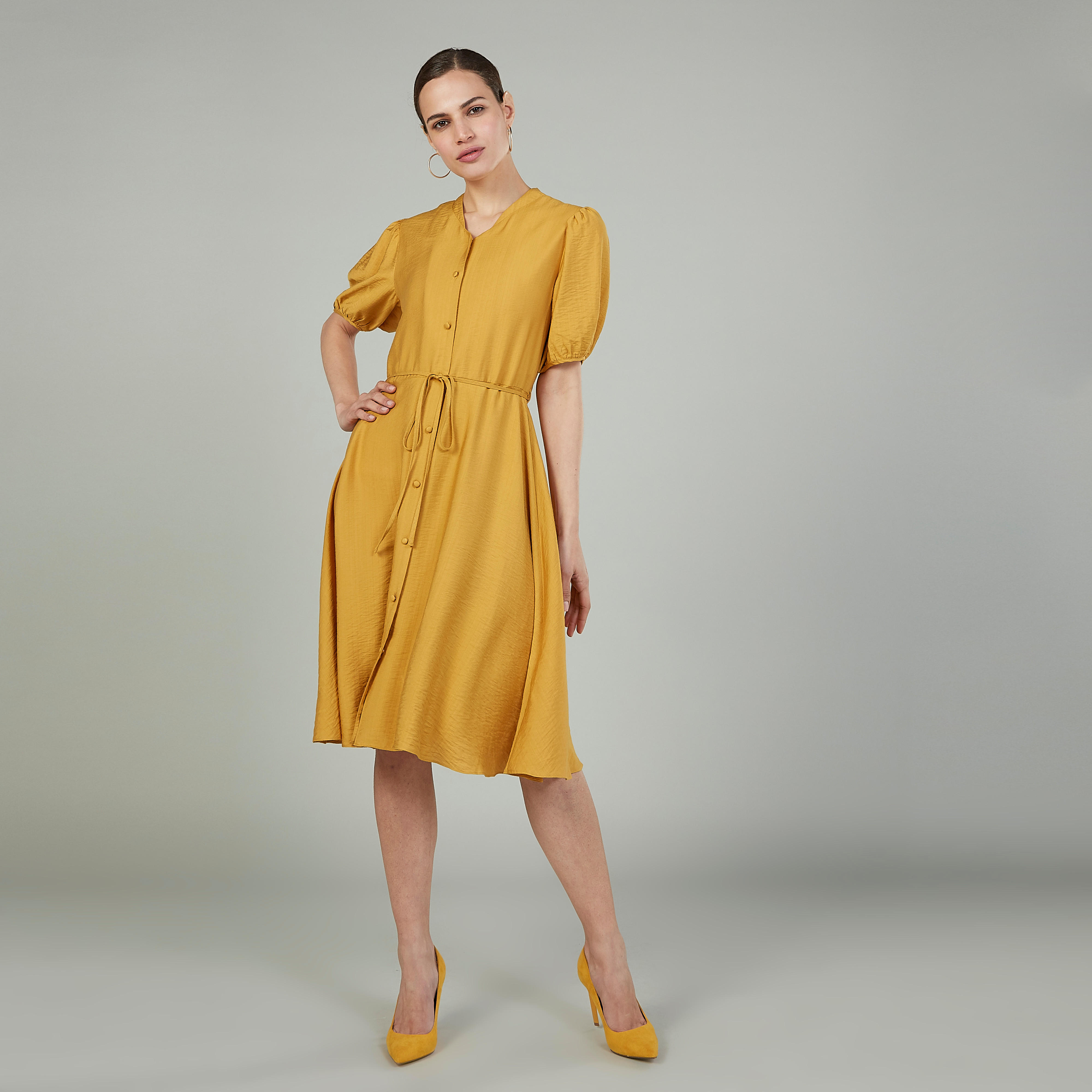 قميص فستان سادة بأكمام قصيرة وأربطة-women-clothing-dresses-image-6