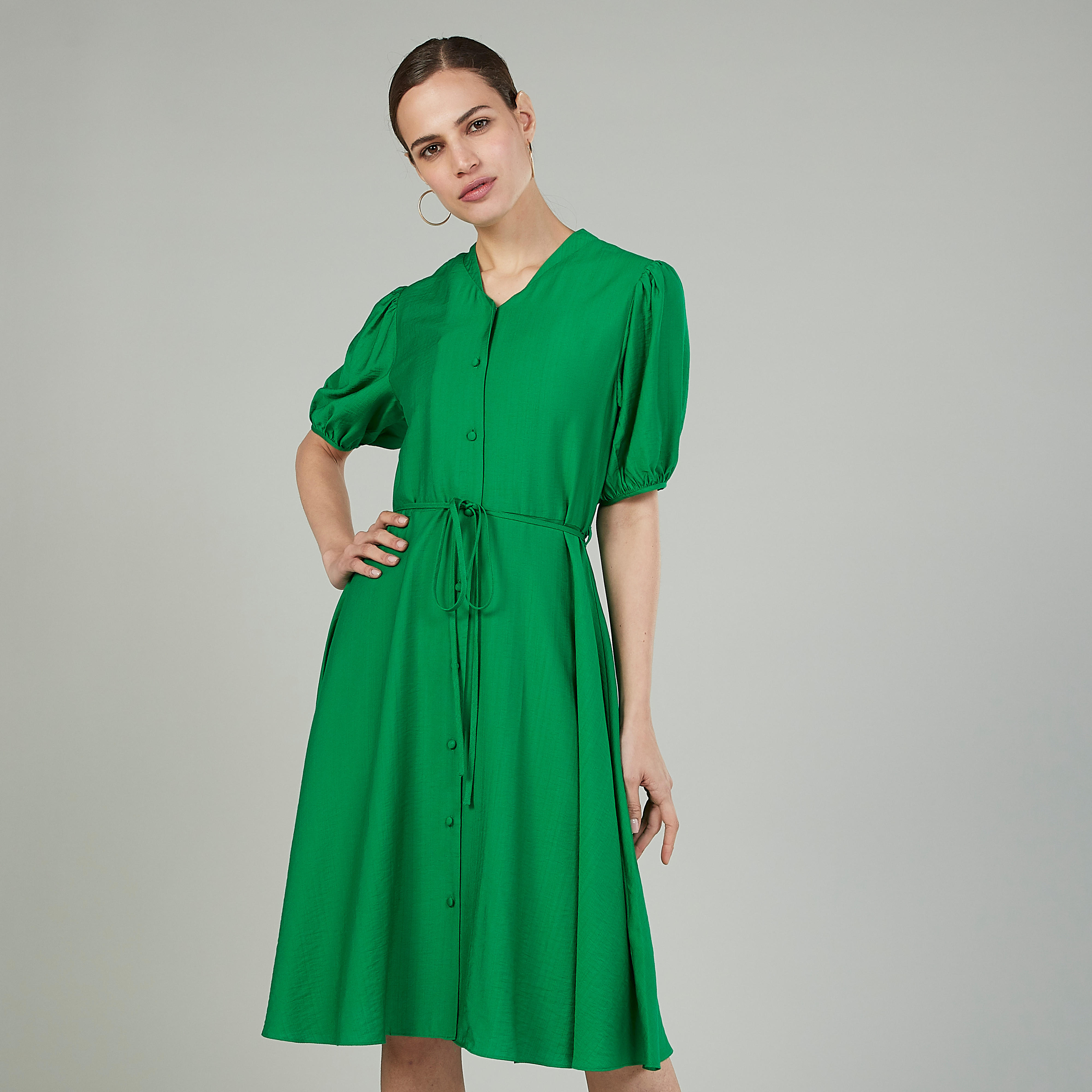 قميص فستان سادة بأكمام قصيرة وأربطة-women-clothing-dresses-image-9
